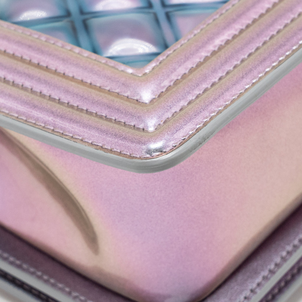 CHANEL SMALL BOY BAG LIMITED EDITION PATENT LEATHER IRIDESCENT LIGHT PURPLE SHW