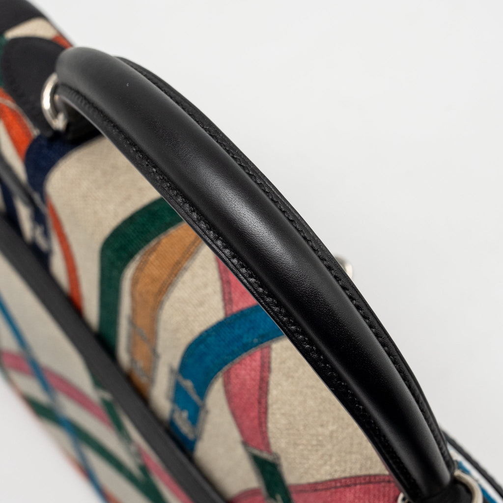 HERMES KELLY 32 LIMITED EDITION TOILE DE WASHED CANVAS / SWIFT LEATHER BLACK / CAVALCADOUR PRINT SHW