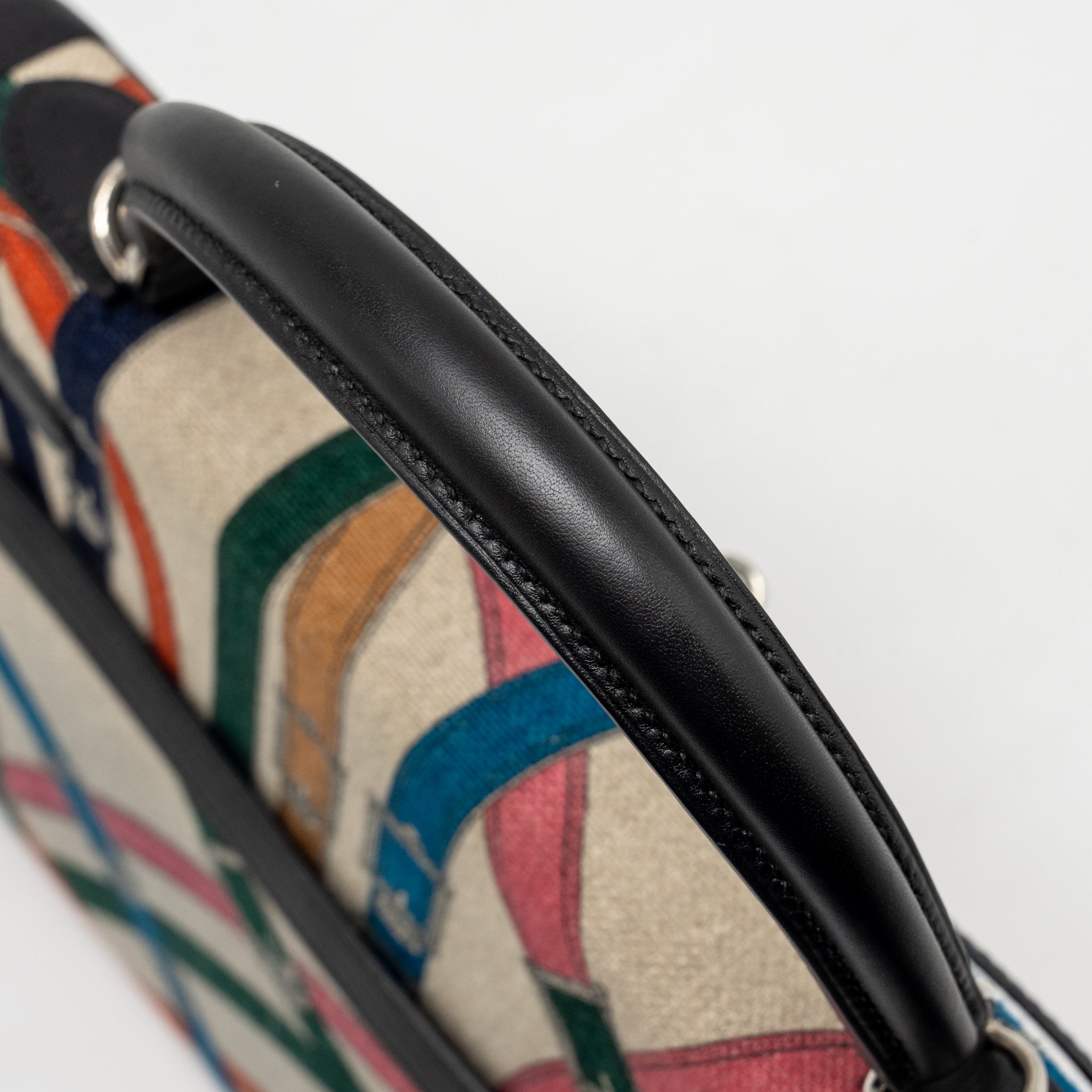 HERMES KELLY 32 LIMITED EDITION TOILE DE WASHED CANVAS / SWIFT LEATHER BLACK / CAVALCADOUR PRINT SHW