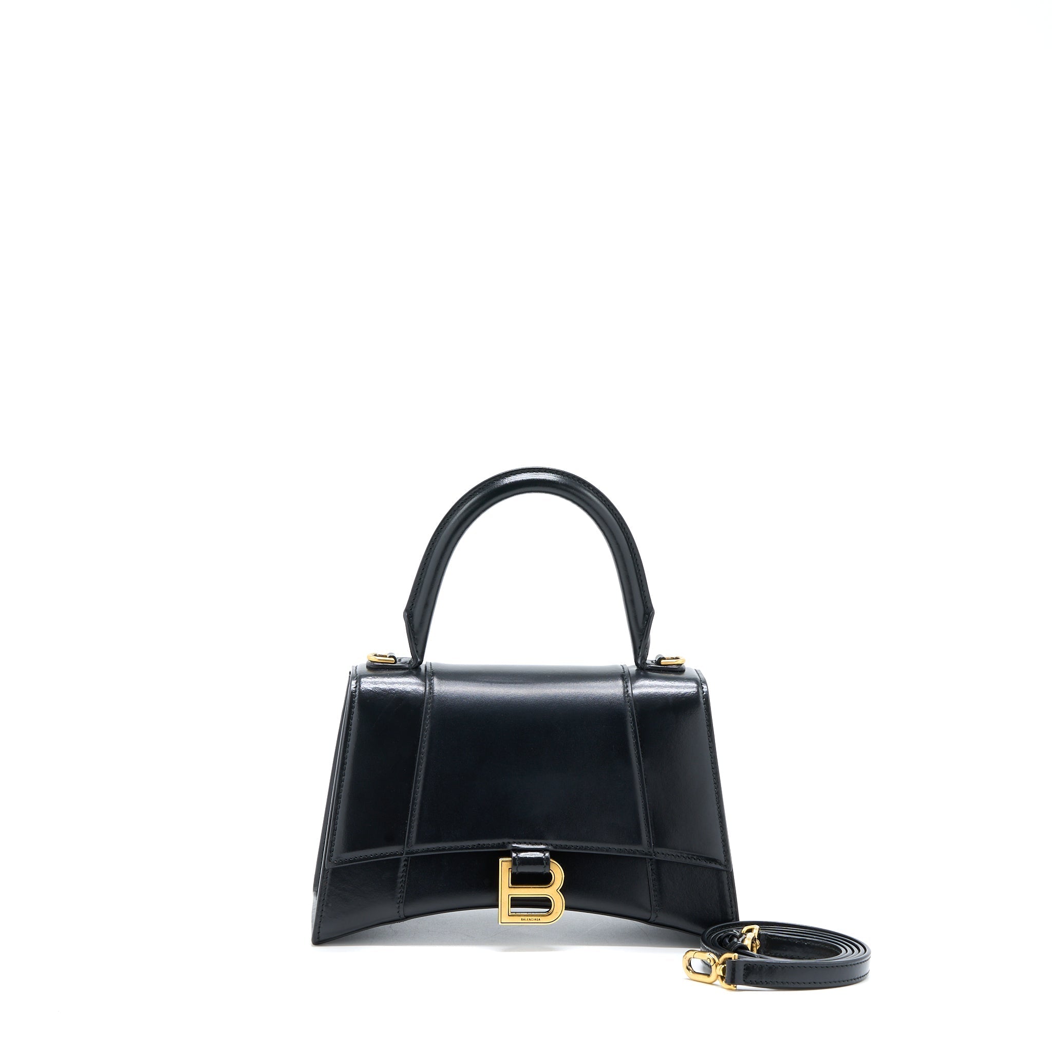BALENCIAGA HOURGLASS SMALL HANDBAG BOX CALFSKIN BLACK GHW