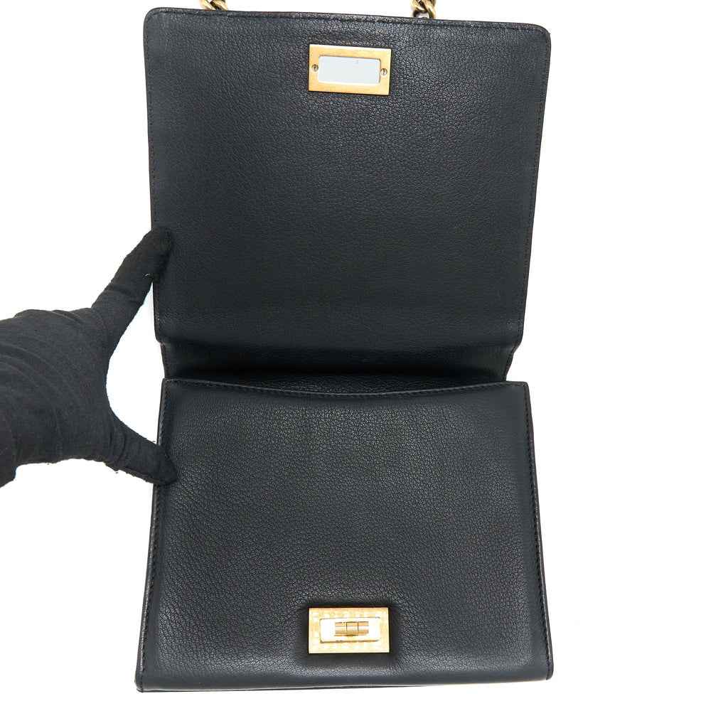 CHANEL RITA TOP HANDLE FLAP BAG GRAINED GOATSKIN BLACK BRUSHED GHW