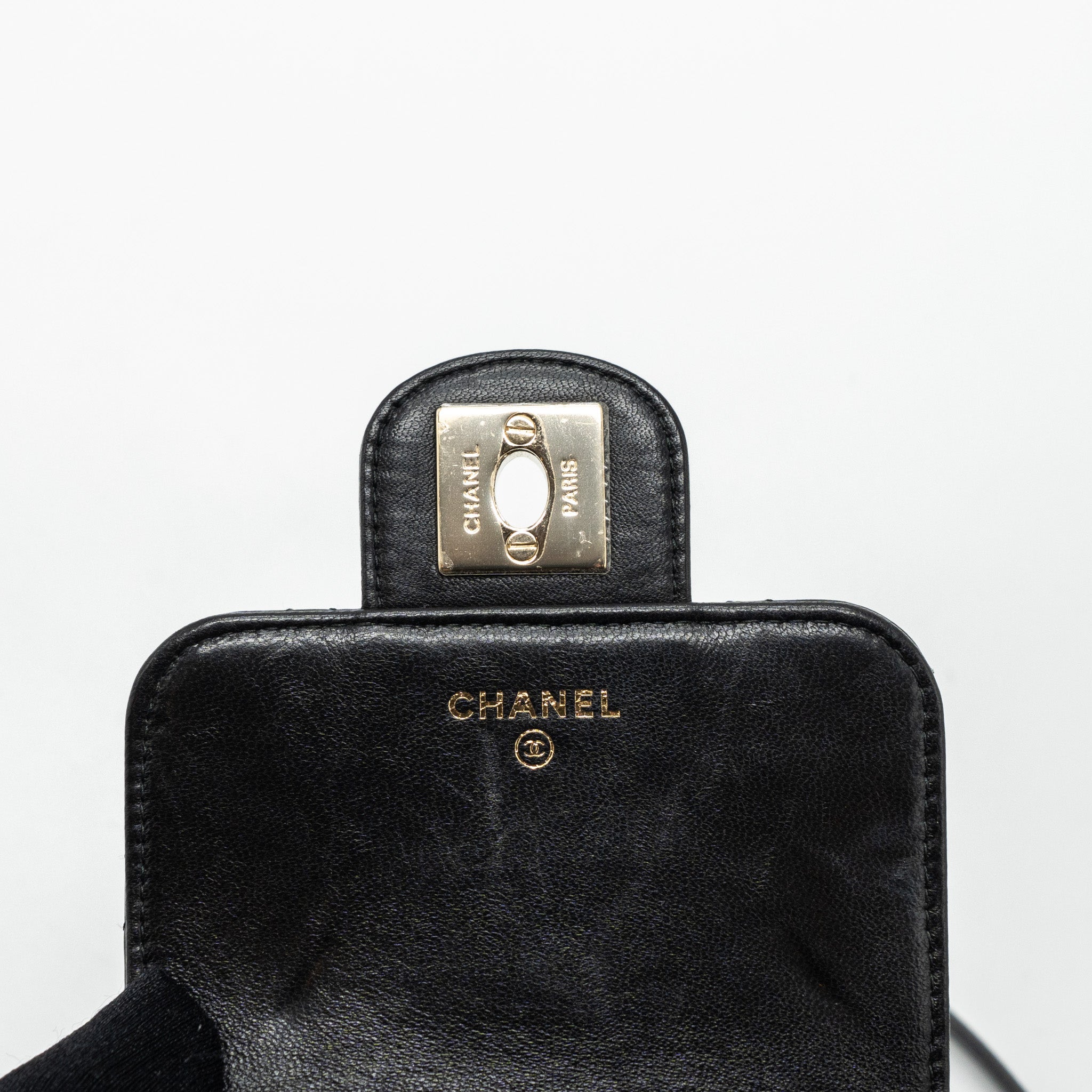 CHANEL PHONE HOLDER WITH CHAIN LAMBSKIN BLACK LGHW