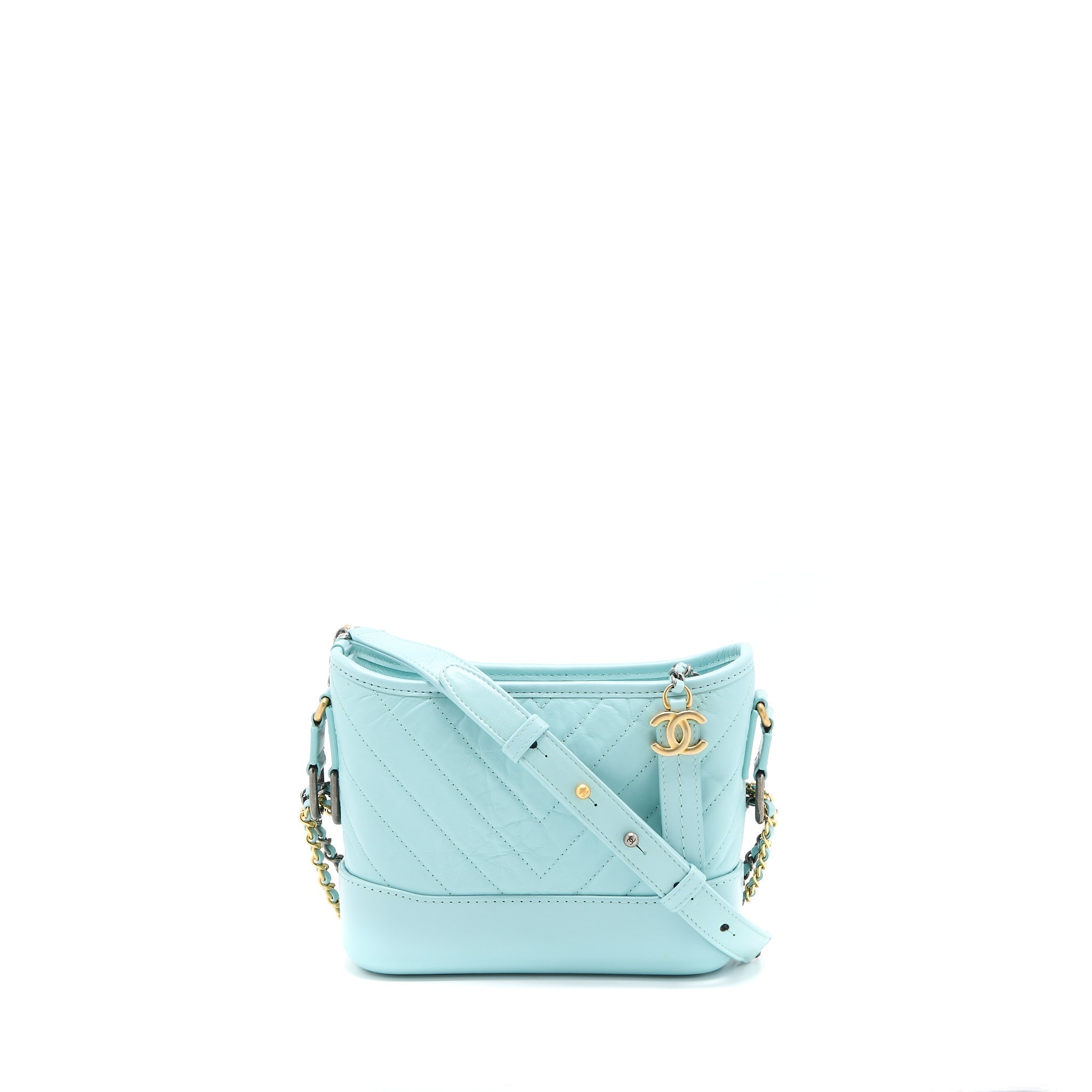 CHANEL SMALL GABRIELLE CHEVRON CALFSKIN LIGHT BLUE MULTICOLOUR HARDWARE