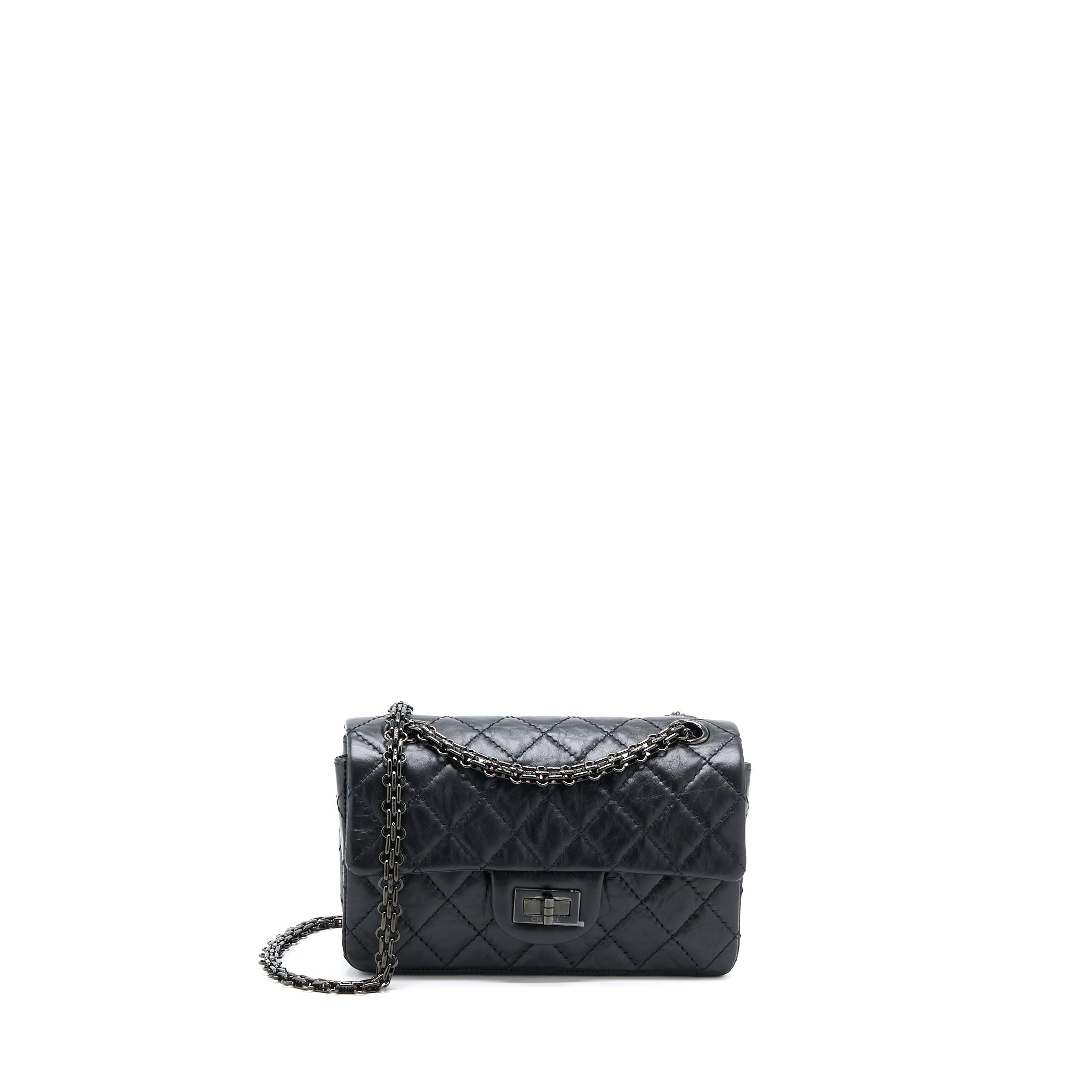 CHANEL MINI 2.55 REISSUE AGED CALFSKIN SO BLACK WITH BLACK HARDWARE (MICROCHIP)