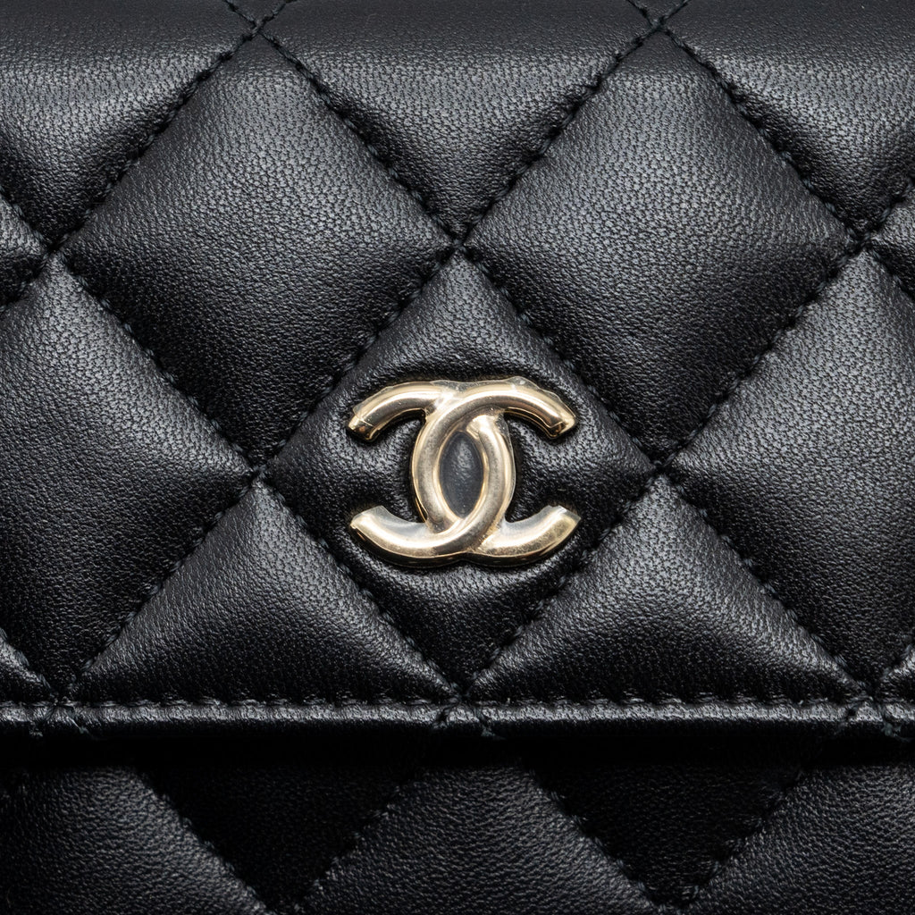 CHANEL MINI FLAP CARD HOLDER WITH RIBBON CHAIN LAMBSKIN BLACK LGHW