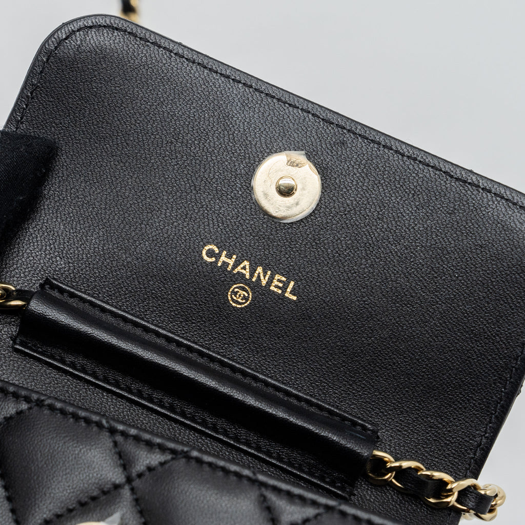 CHANEL MINI FLAP CARD HOLDER WITH RIBBON CHAIN LAMBSKIN BLACK LGHW