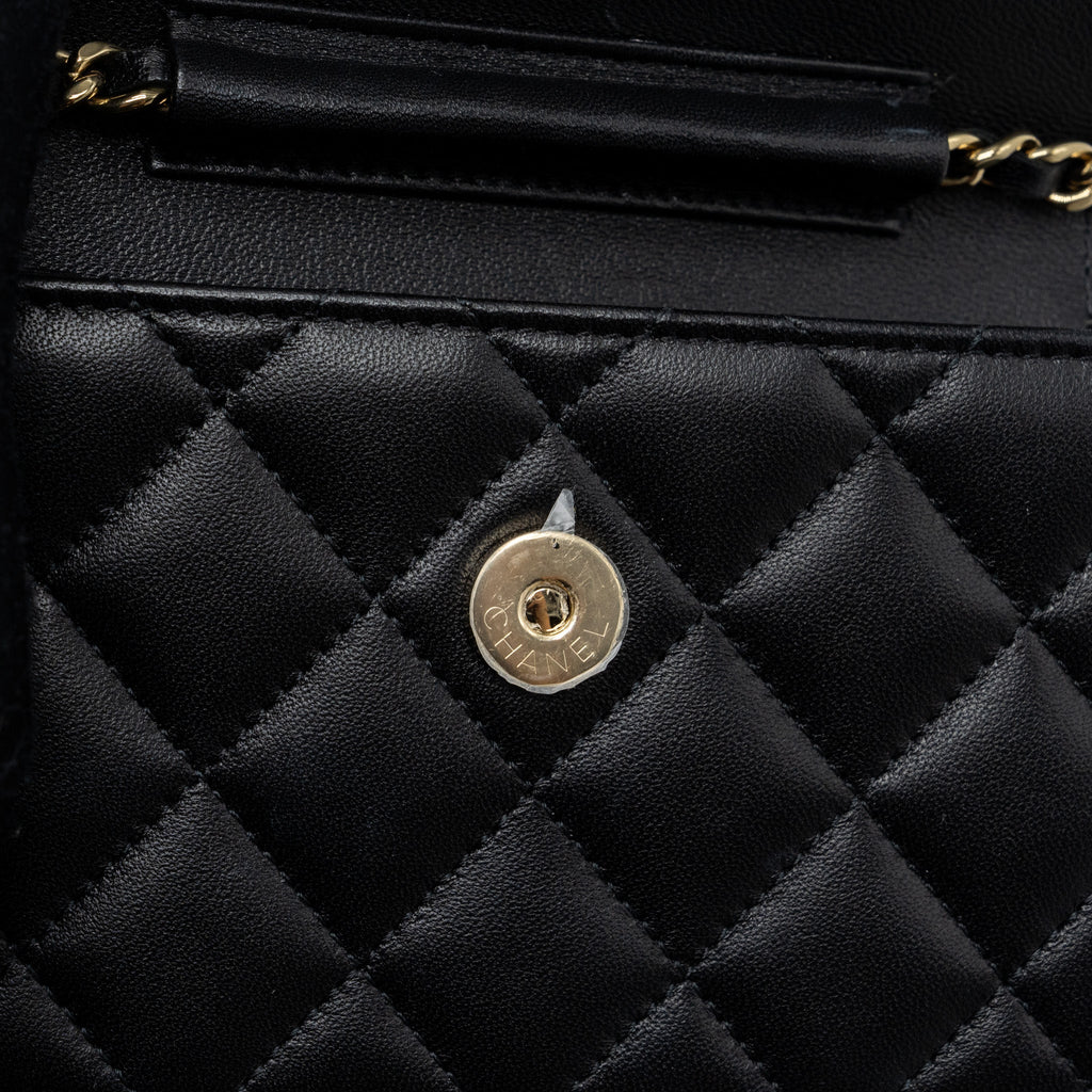 CHANEL MINI FLAP CARD HOLDER WITH RIBBON CHAIN LAMBSKIN BLACK LGHW