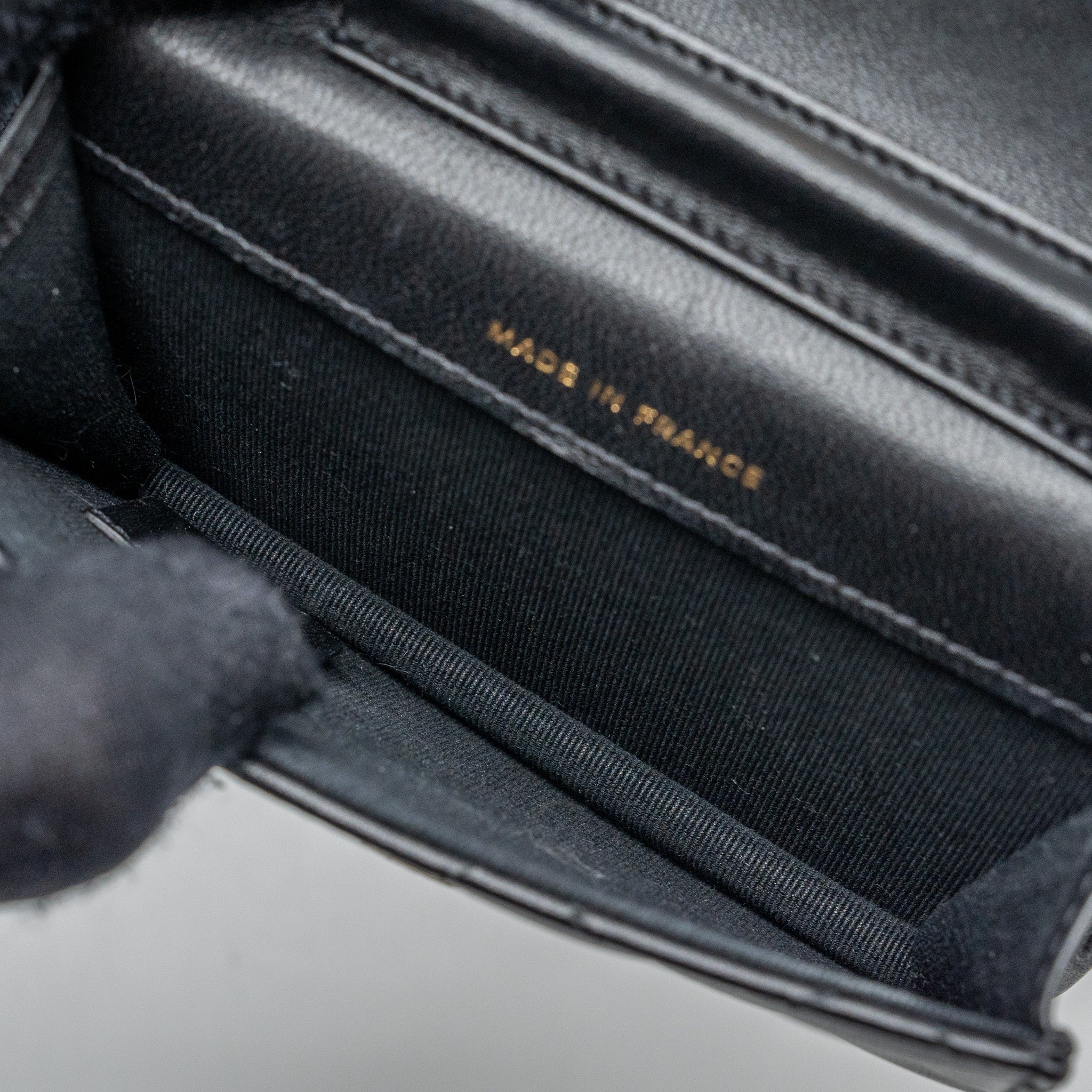CHANEL MINI FLAP CARD HOLDER WITH RIBBON CHAIN LAMBSKIN BLACK LGHW