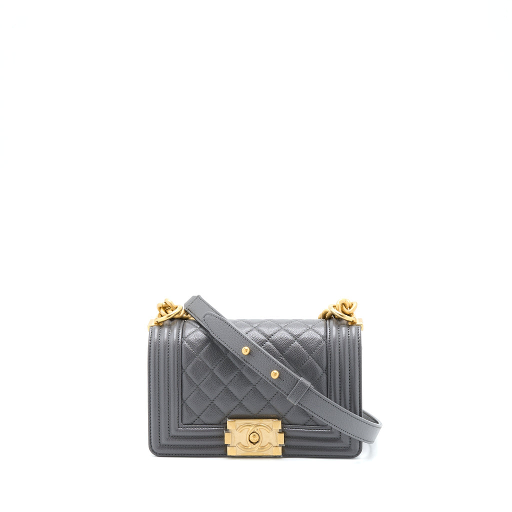 CHANEL SMALL BOY BAG CAVIAR GREY GHW (MICROCHIP)