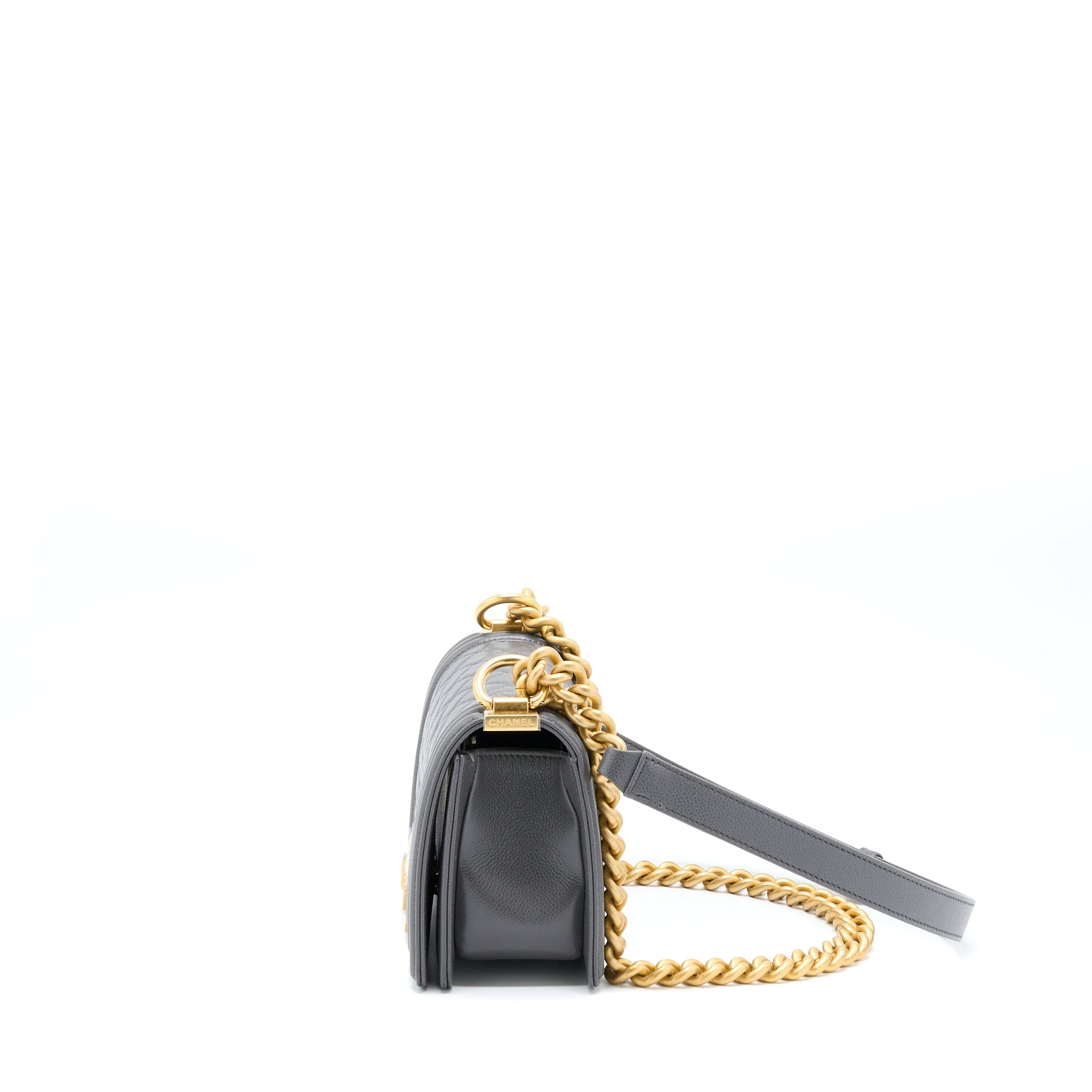 CHANEL SMALL BOY BAG CAVIAR GREY GHW (MICROCHIP)