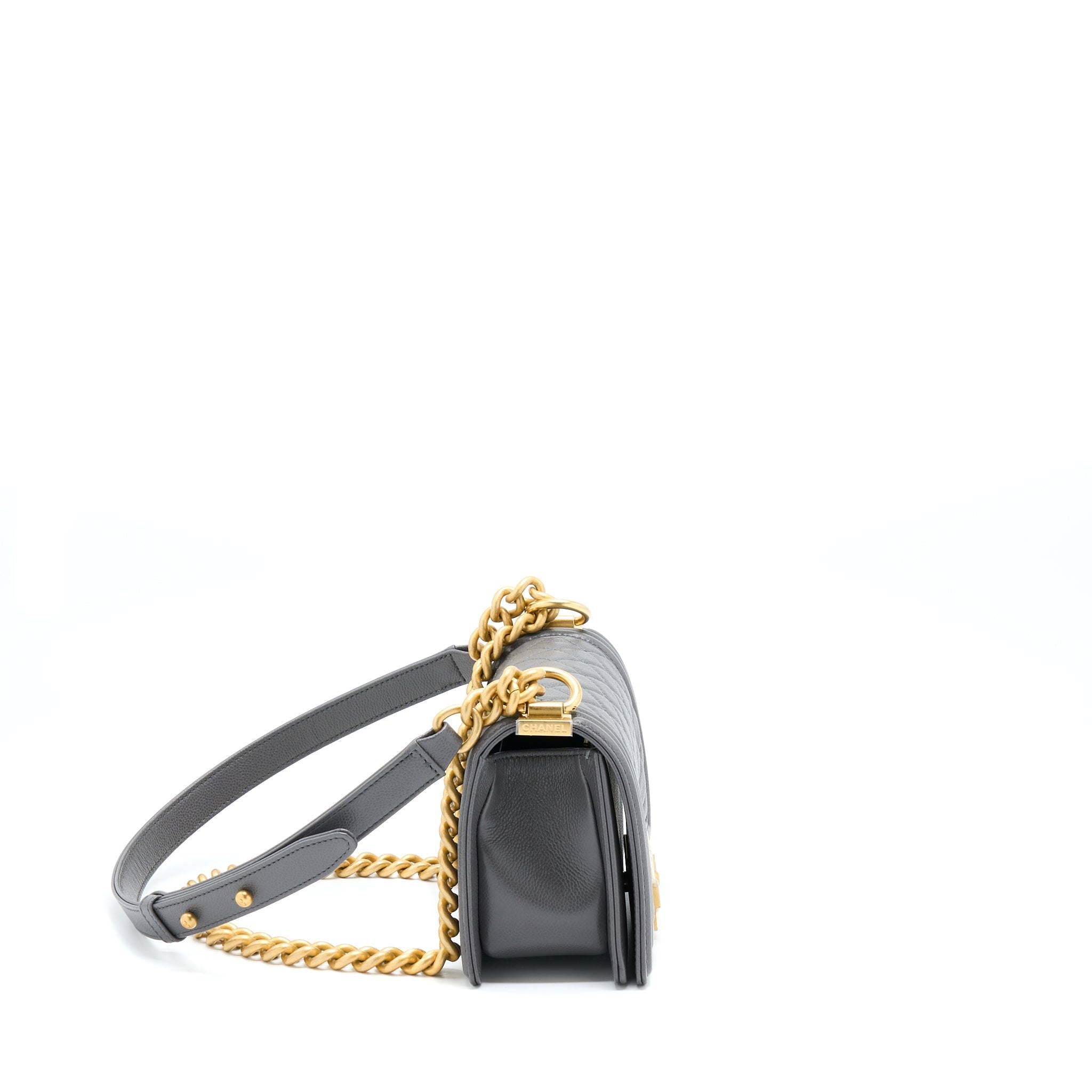 CHANEL SMALL BOY BAG CAVIAR GREY GHW (MICROCHIP)