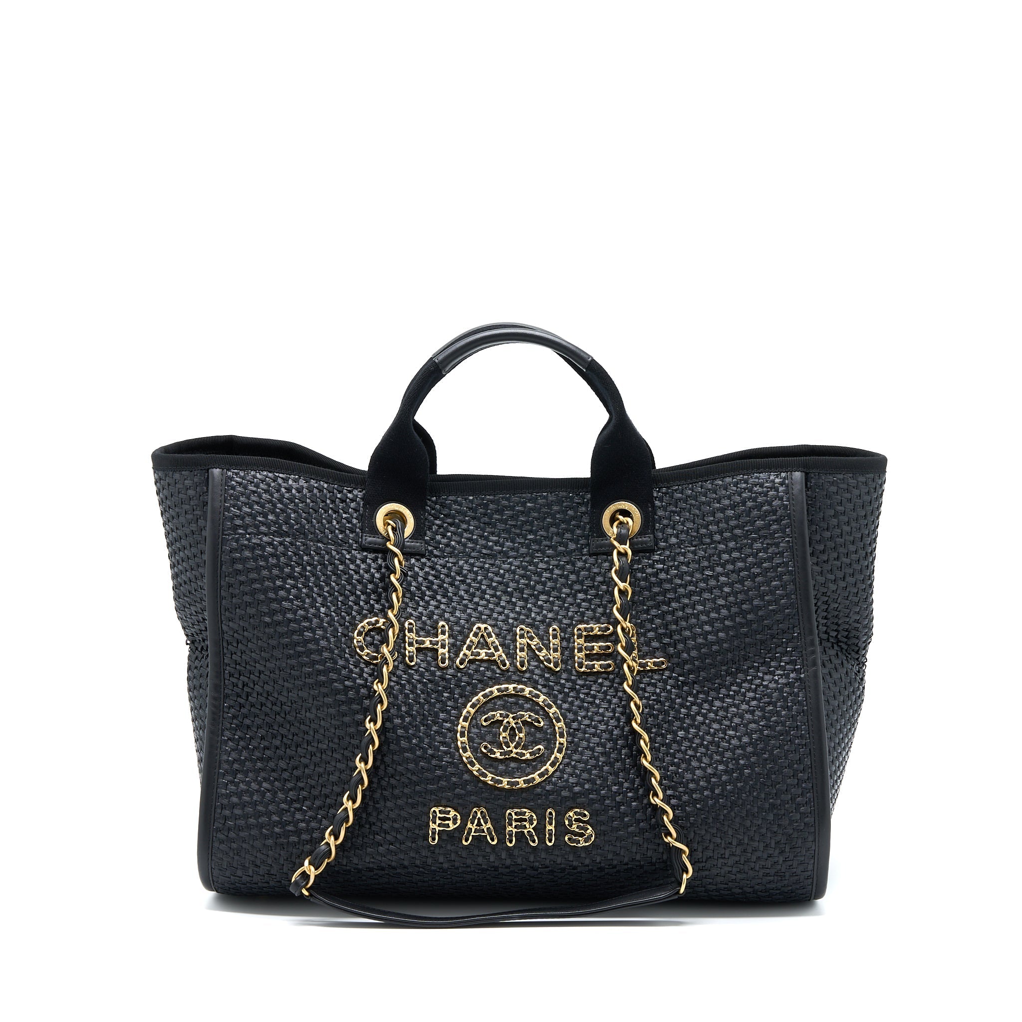CHANEL BLACK RAFFIA DEAUVILLE TOTE BAG GHW