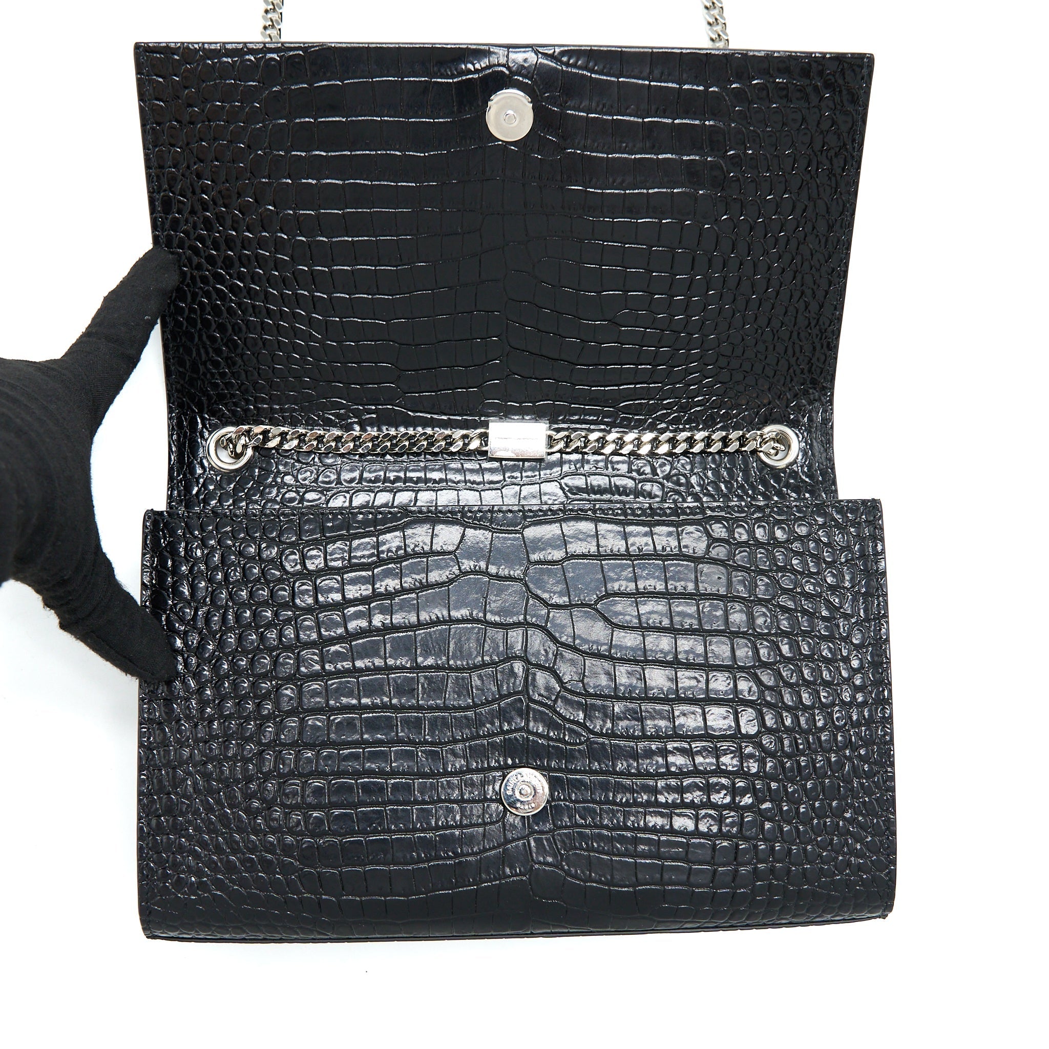 SAINT LAURENT KATE WITH TASSEL CHAIN BAG CROC EMBOSSED CALFSKIN BLACK SHW