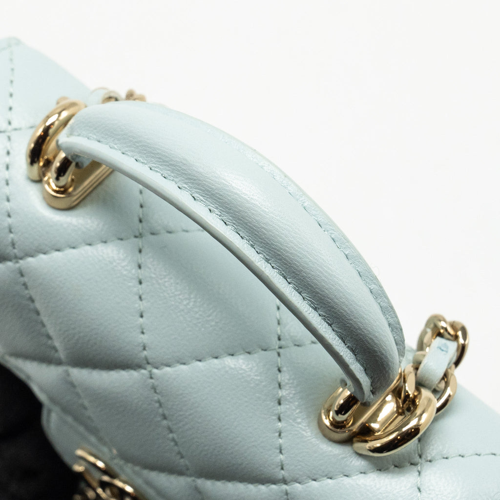 CHANEL TOP HANDLE MINI FLAP CLUTCH WITH CHAIN LAMBSKIN LIGHT BLUE LGHW
