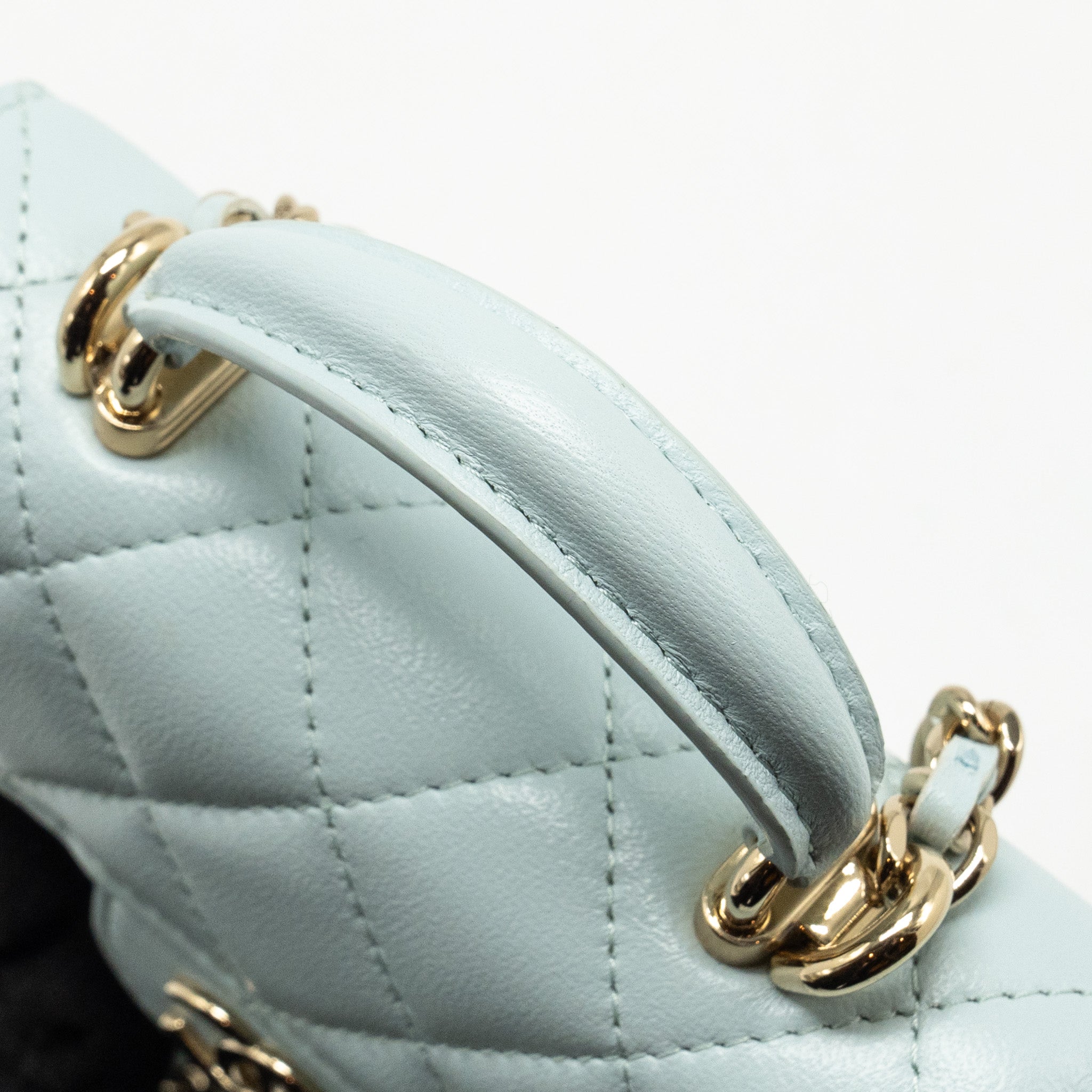 CHANEL TOP HANDLE MINI FLAP CLUTCH WITH CHAIN LAMBSKIN LIGHT BLUE LGHW
