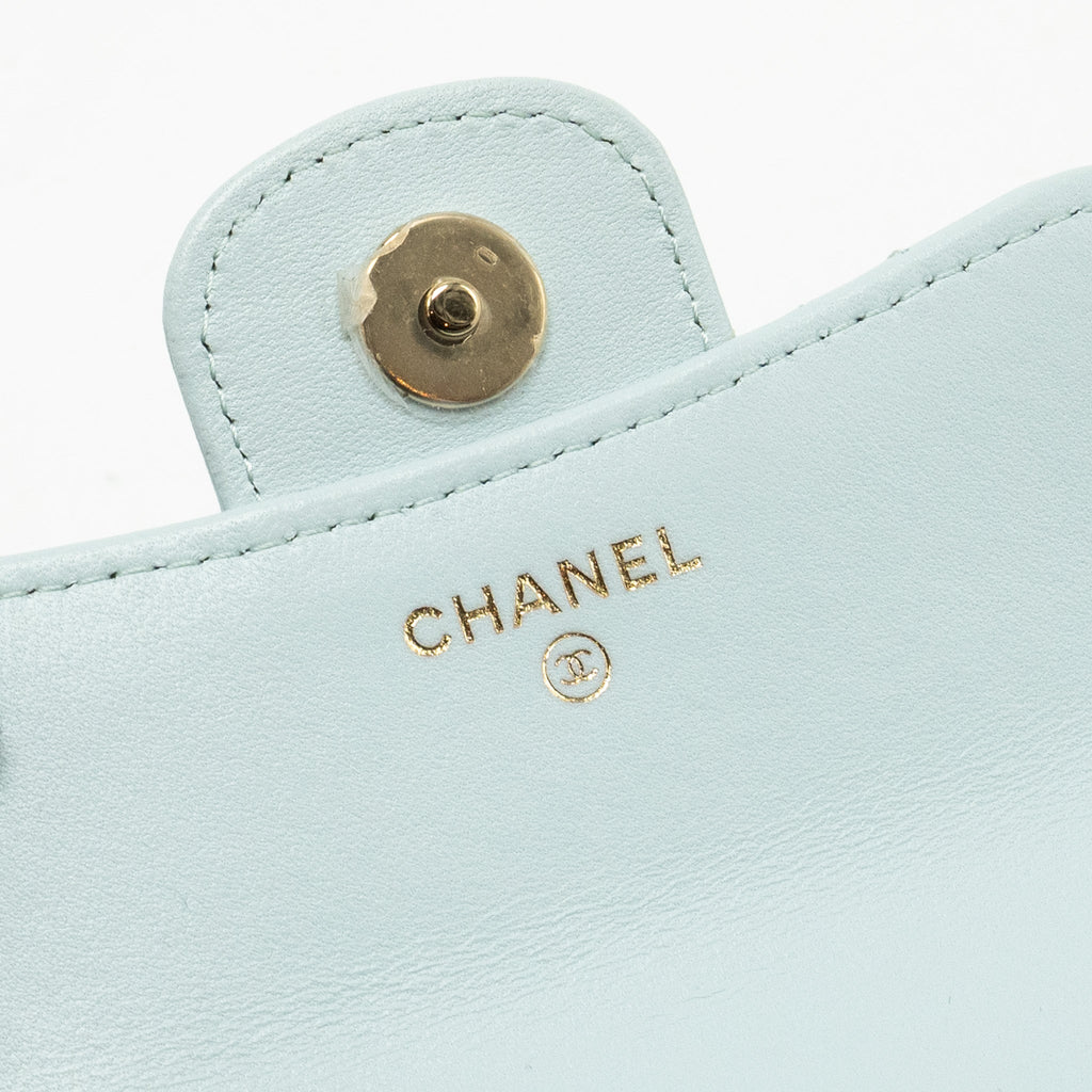 CHANEL TOP HANDLE MINI FLAP CLUTCH WITH CHAIN LAMBSKIN LIGHT BLUE LGHW
