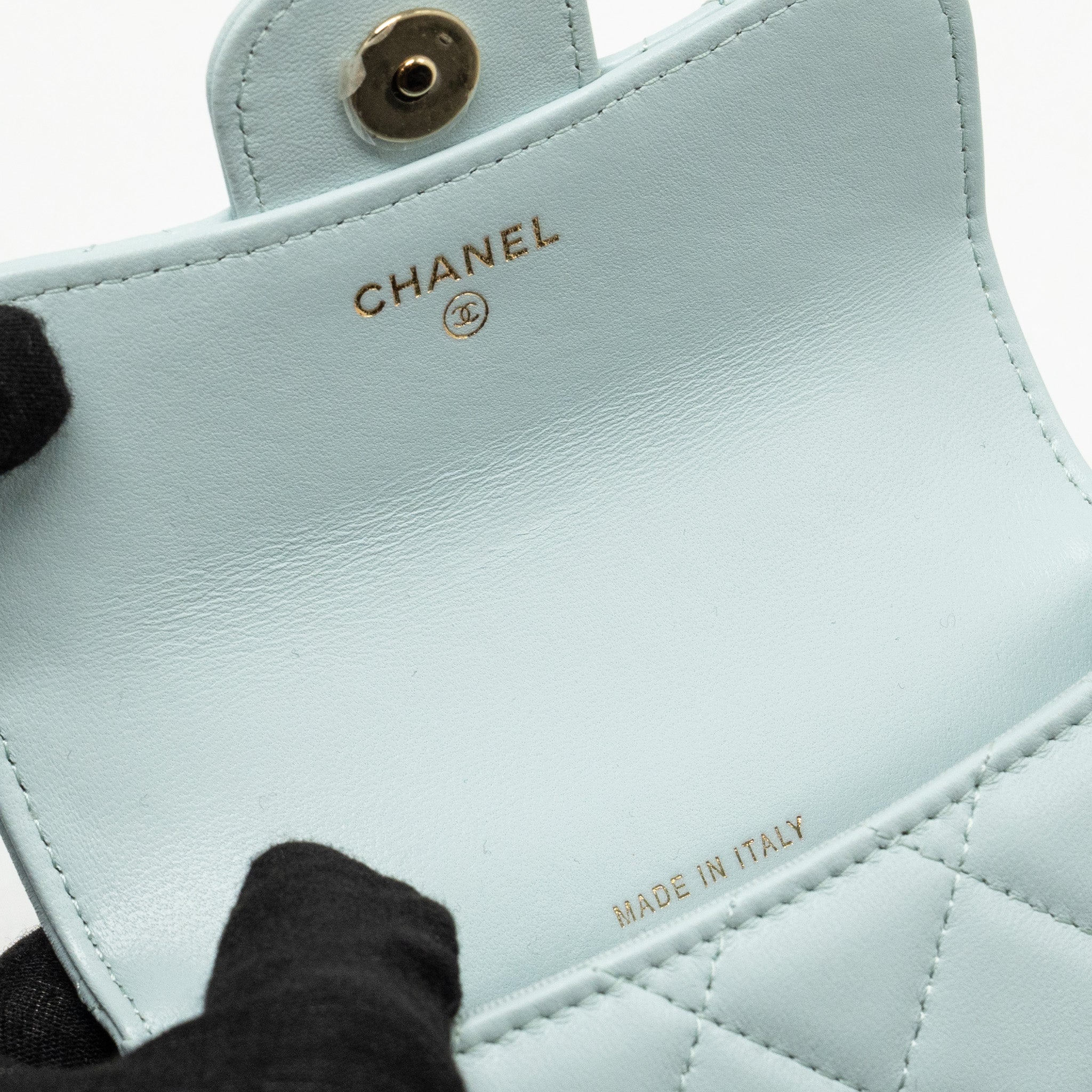 CHANEL TOP HANDLE MINI FLAP CLUTCH WITH CHAIN LAMBSKIN LIGHT BLUE LGHW