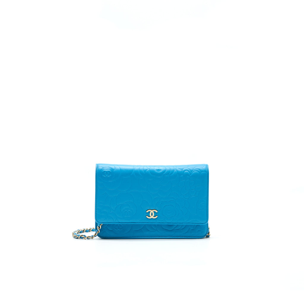 CHANEL CAMELIA WALLET ON CHAIN LAMBSKIN BLUE GHW