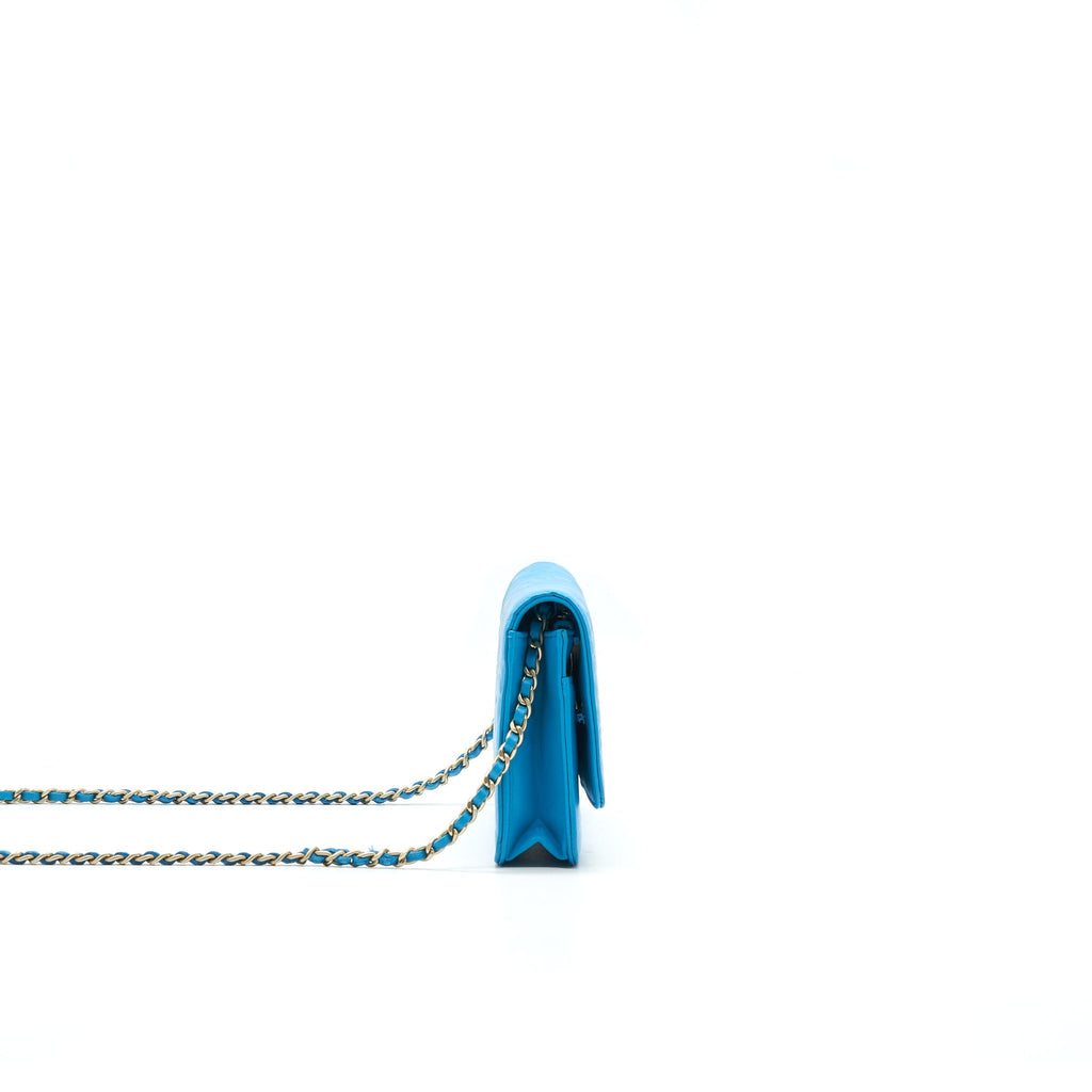 CHANEL CAMELIA WALLET ON CHAIN LAMBSKIN BLUE GHW