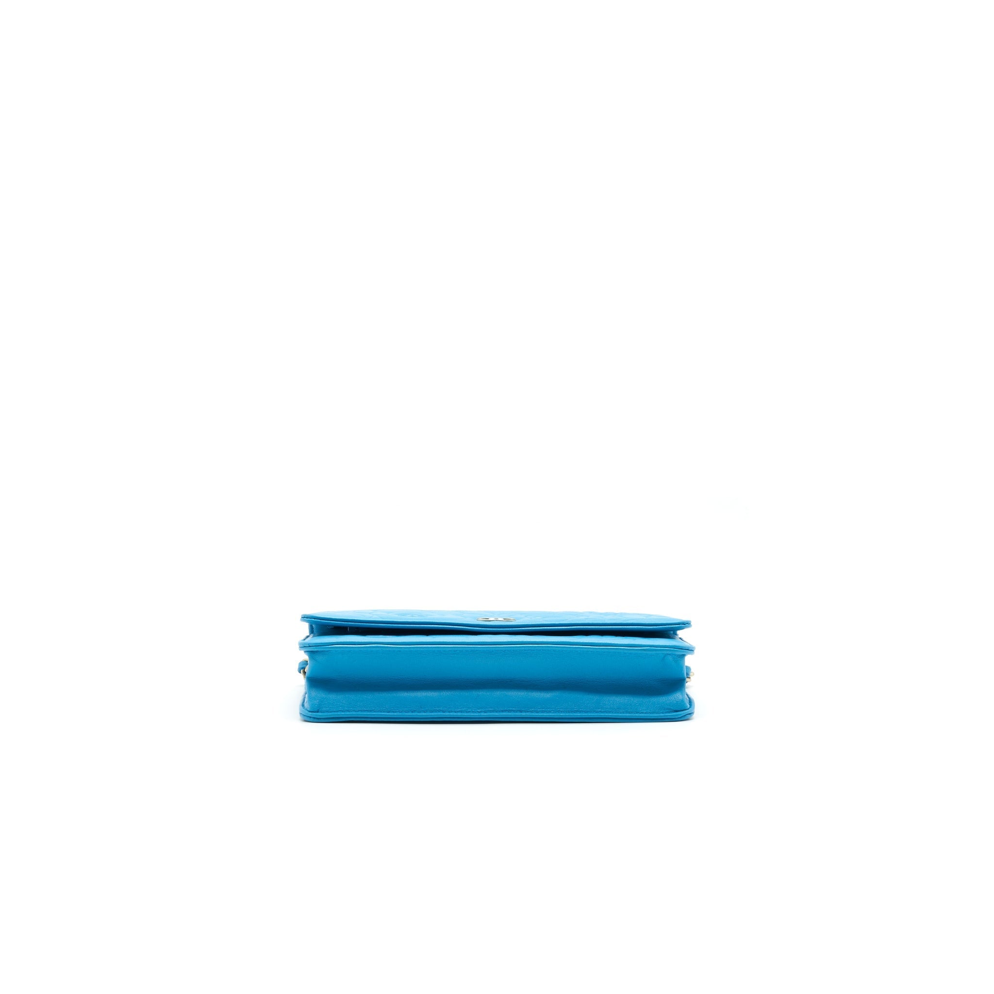 CHANEL CAMELIA WALLET ON CHAIN LAMBSKIN BLUE GHW