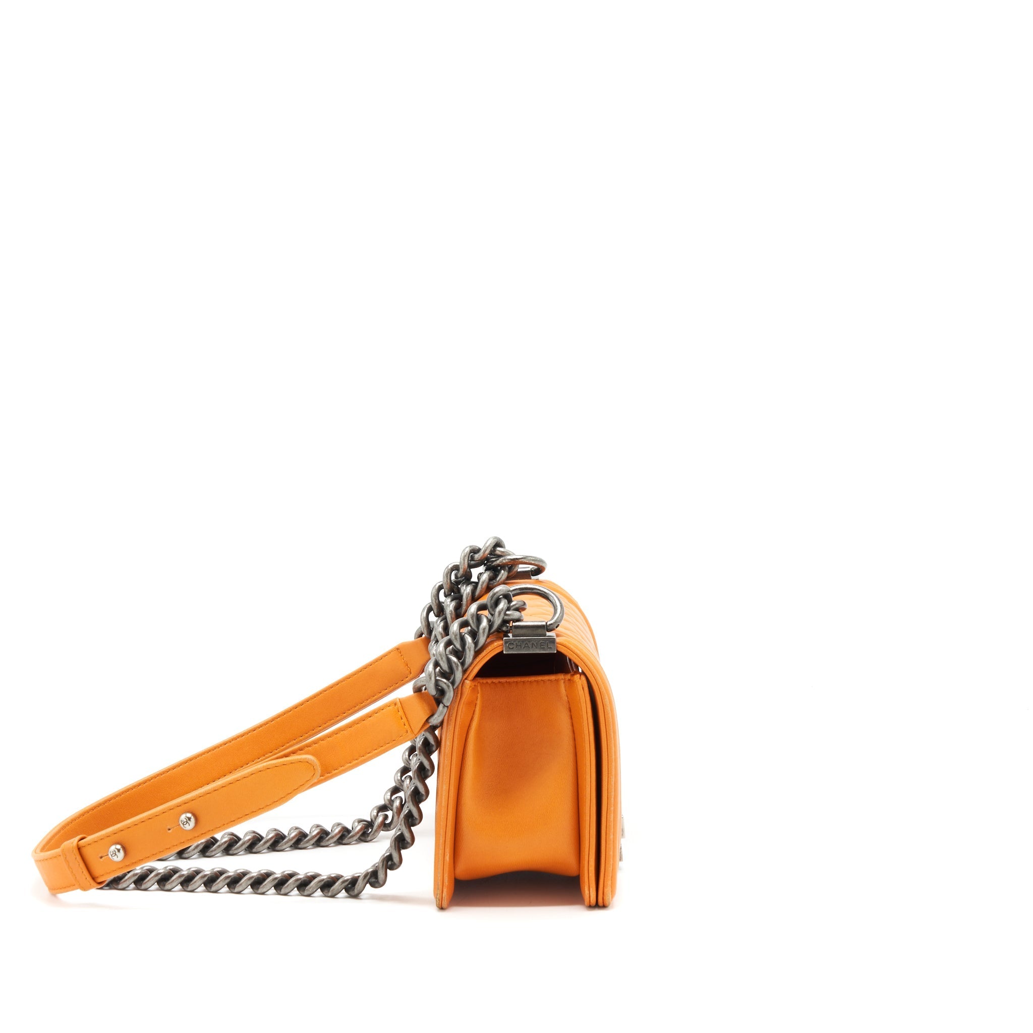 CHANEL SMALL BOY BAG LAMBSKIN ORANGE RUTHENIUM HARDWARE