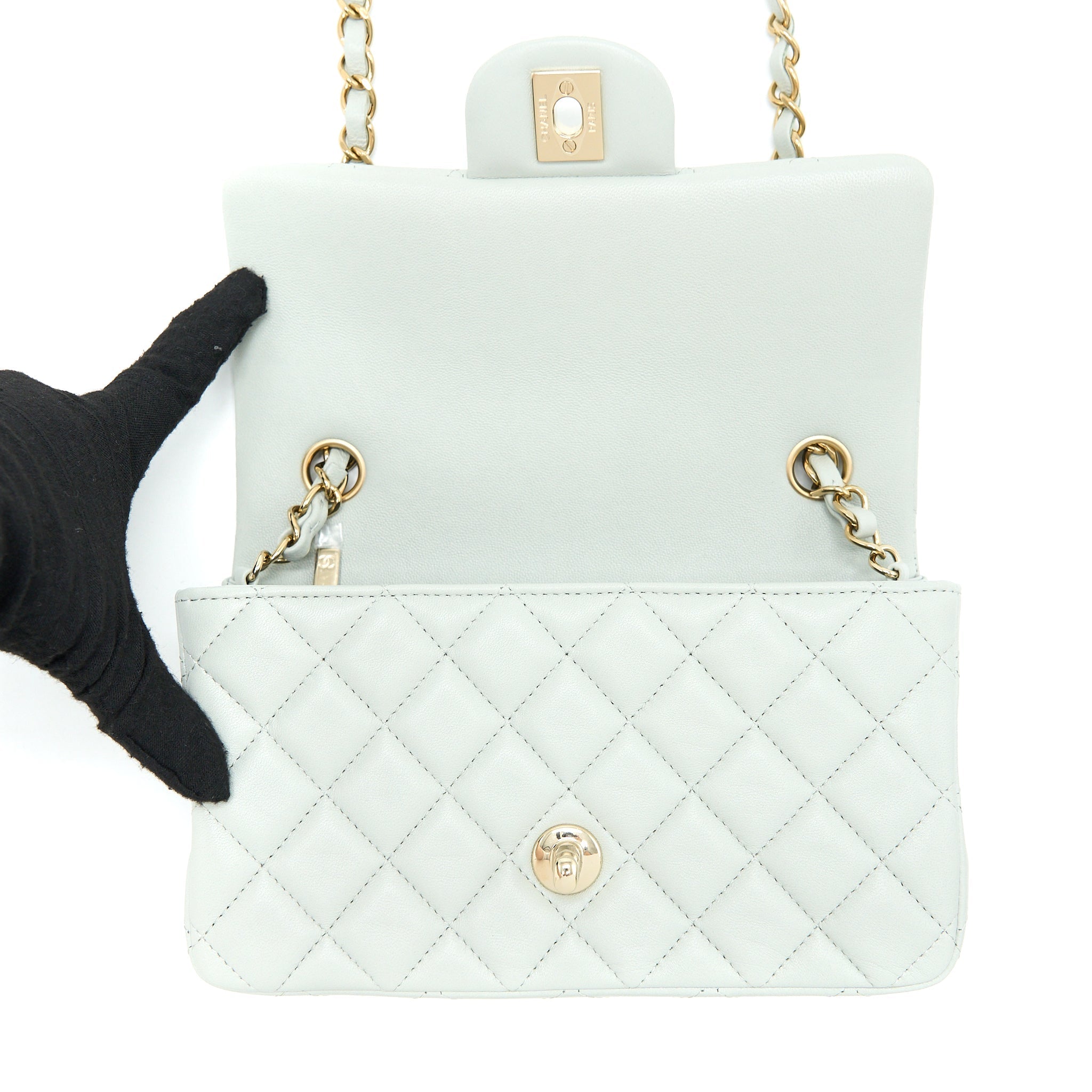 CHANEL 23C MINI RECTANGULAR FLAP BAG LAMBSKIN LIGHT GREY LGHW (MICROCHIP)