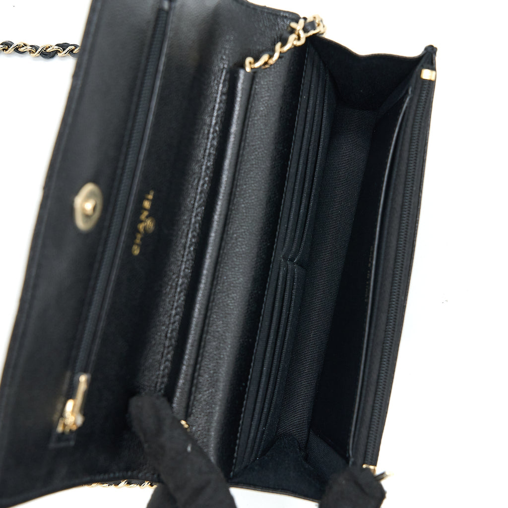 CHANEL 22B DETAIL CC LOGO WALLET ON CHAIN CAVIAR BLACK LGHW (MICROCHIP)