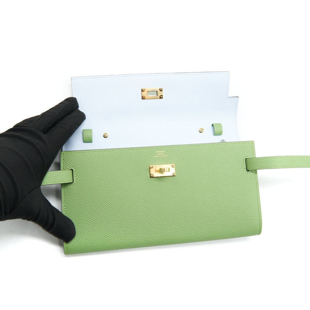 HERMES KELLY TO GO VERSO VERT CRIQUET AND BLUE BRUME GHW