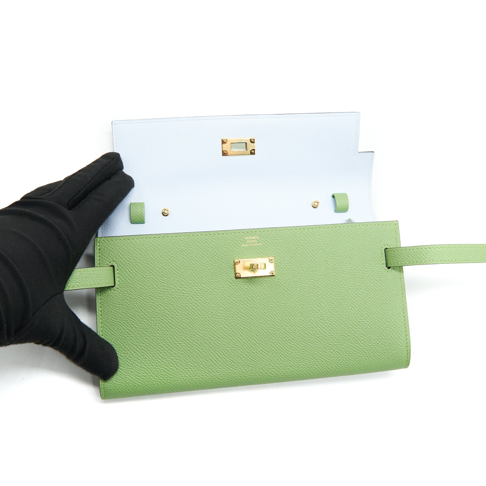 HERMES KELLY TO GO VERSO VERT CRIQUET AND BLUE BRUME GHW