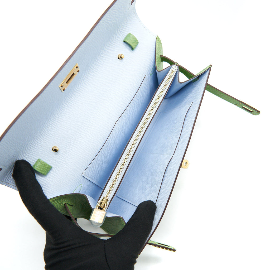 HERMES KELLY TO GO VERSO VERT CRIQUET AND BLUE BRUME GHW