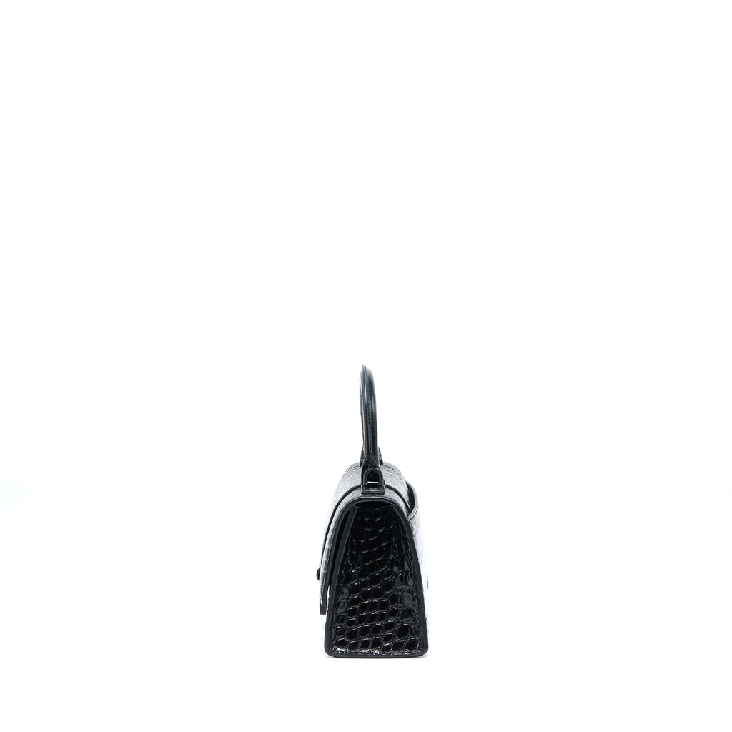 BALENCIAGA HOURGLASS XS CROC-EMBOSSED CALFSKIN SO BLACK