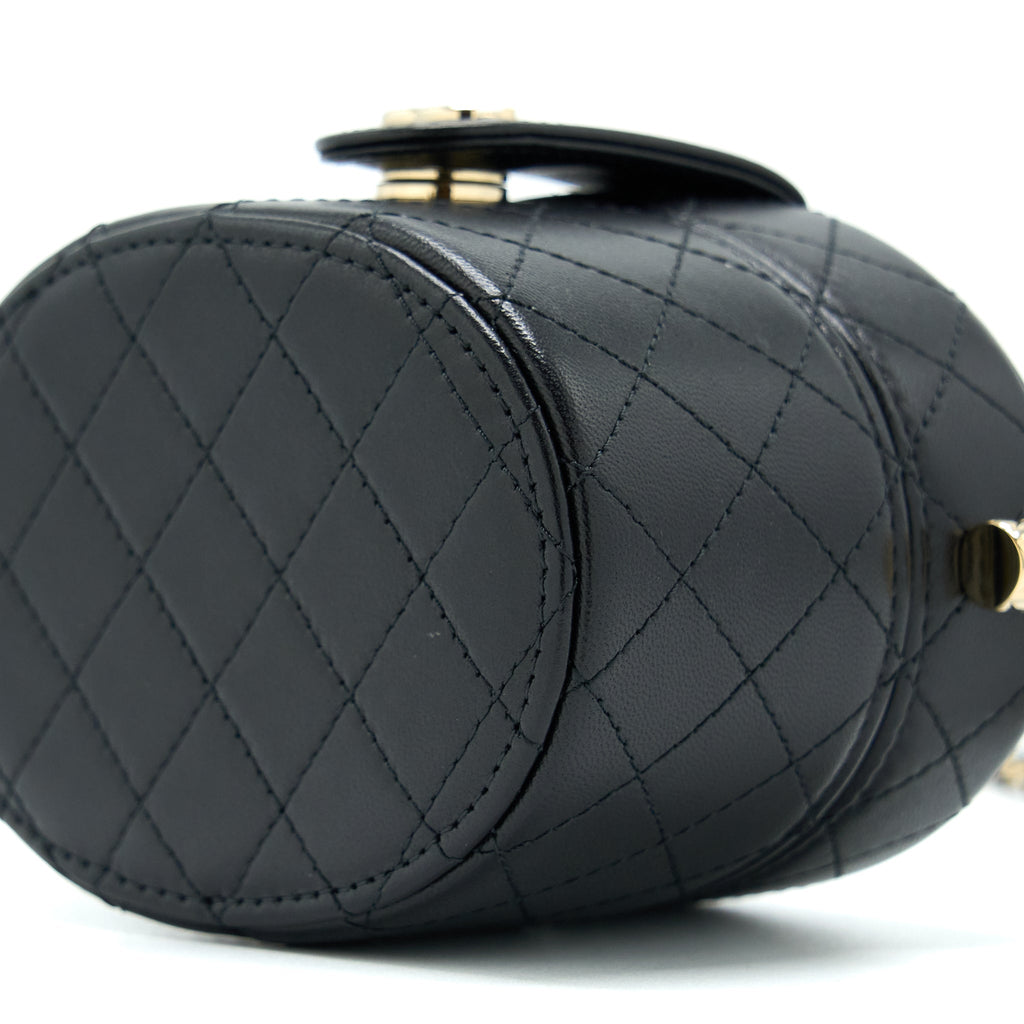 CHANEL MINI ROUND VANITY WITH CHAIN LAMBSKIN BLACK LGHW