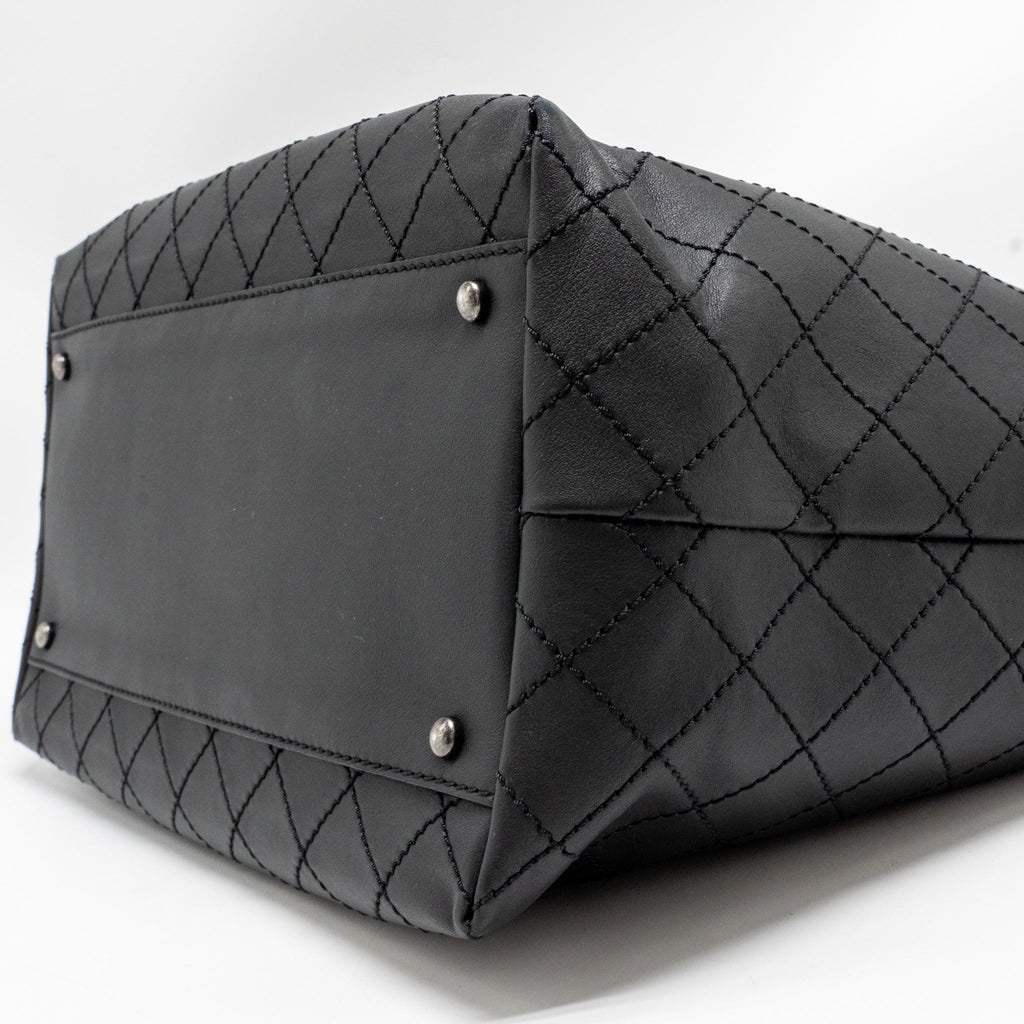 CHANEL ON THE ROAD STITCHED TOTE BAG CALFSKIN BLACK RUTHENIUM SILVER HARDWARE