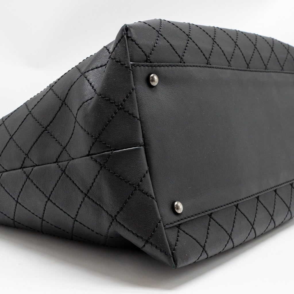 CHANEL ON THE ROAD STITCHED TOTE BAG CALFSKIN BLACK RUTHENIUM SILVER HARDWARE
