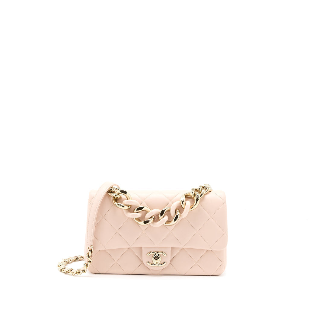 CHANEL 22C RECTANGULAR FLAP BAG WITH GIANT TOP HANDLE LAMBSKIN PINK LGHW(MICROCHIP)