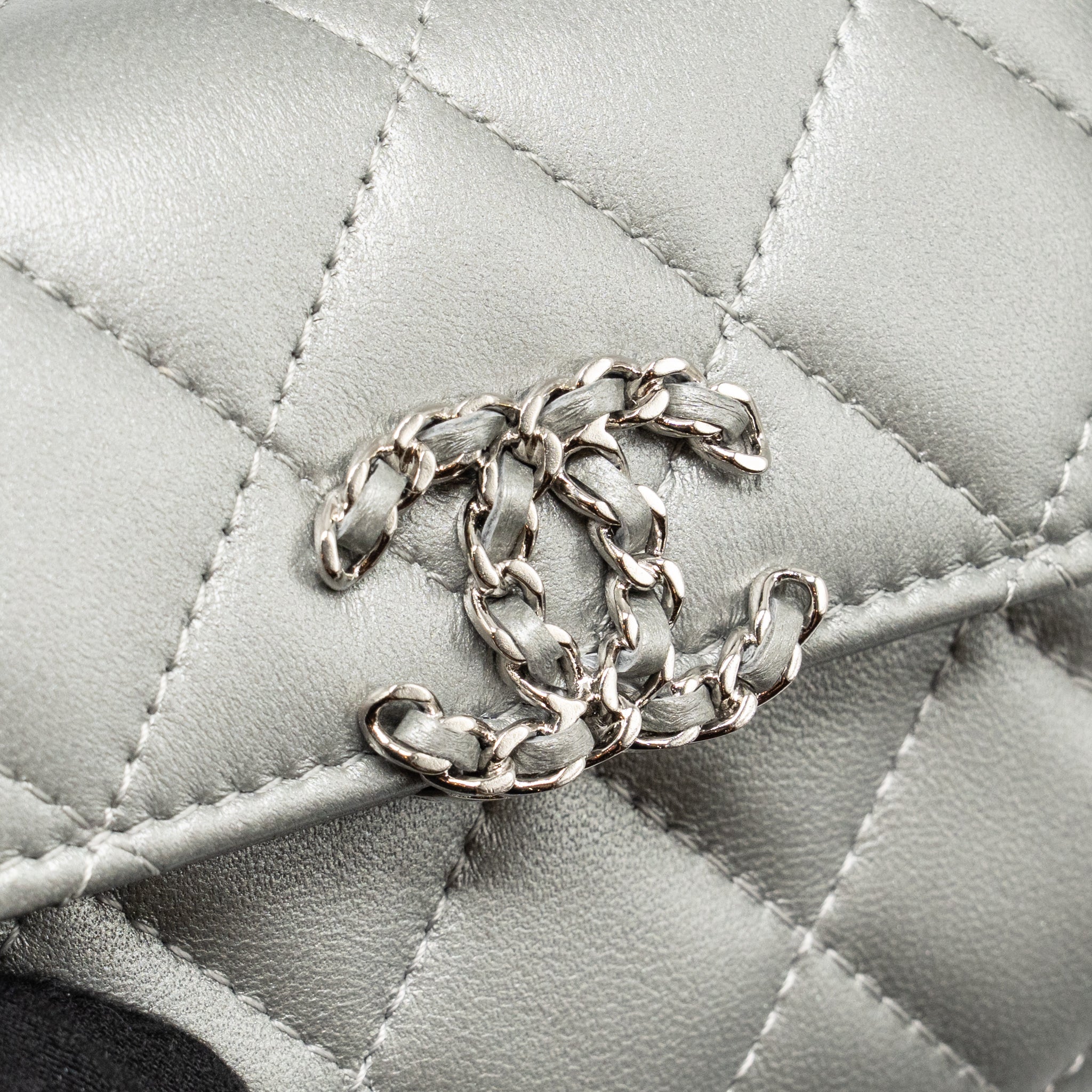 CHANEL TOP HANDLE MINI FLAP BAG WITH CHAIN LAMBSKIN SILVER SHW (MICROCHIP)