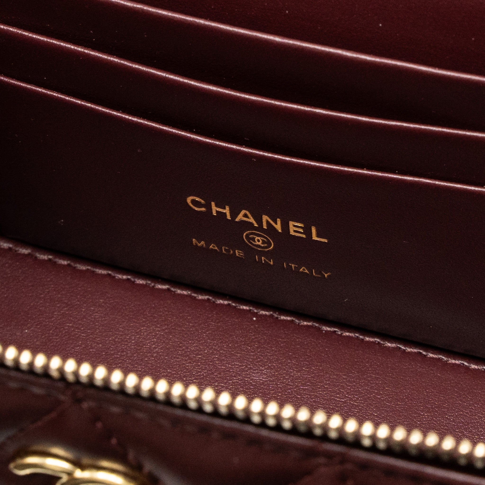 CHANEL LONG VANITY WITH GEM CHAIN LAMBSKIN BURGUNDY GHW (MICROCHIP)