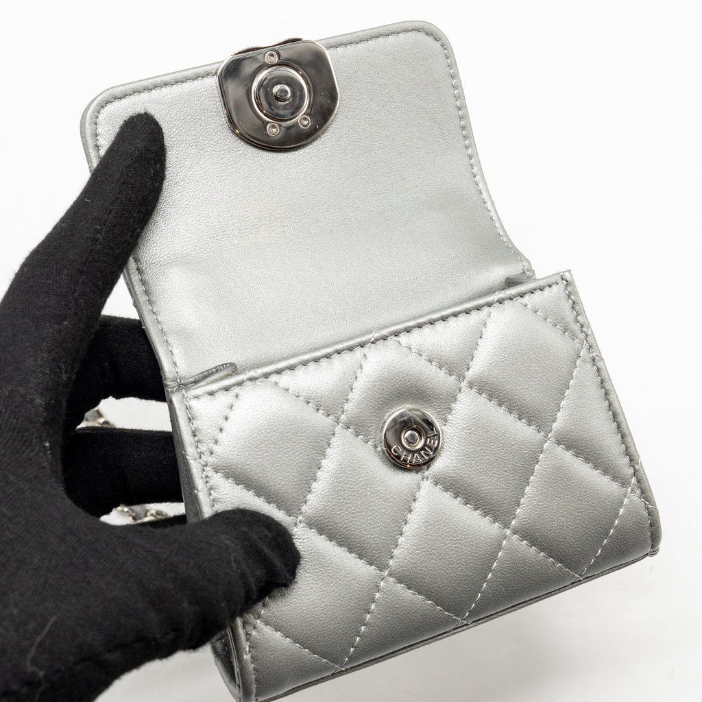 CHANEL TOP HANDLE MINI FLAP BAG WITH CHAIN LAMBSKIN SILVER SHW (MICROCHIP)