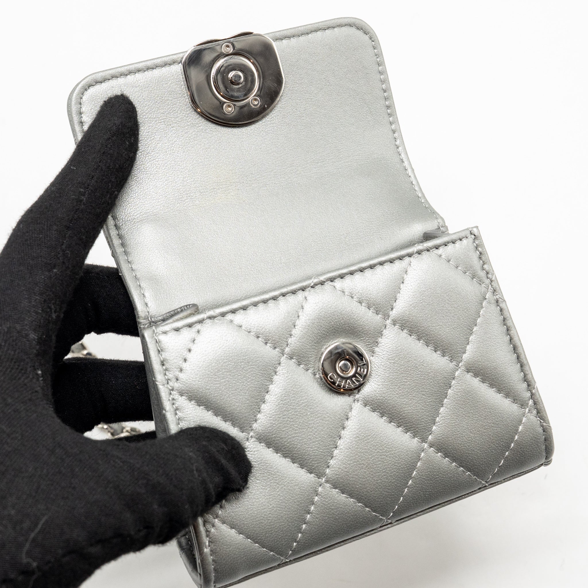 CHANEL TOP HANDLE MINI FLAP BAG WITH CHAIN LAMBSKIN SILVER SHW (MICROCHIP)