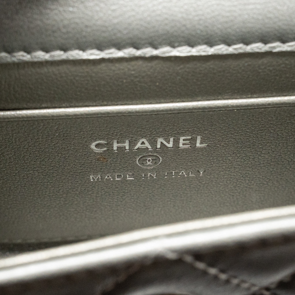 CHANEL TOP HANDLE MINI FLAP BAG WITH CHAIN LAMBSKIN SILVER SHW (MICROCHIP)