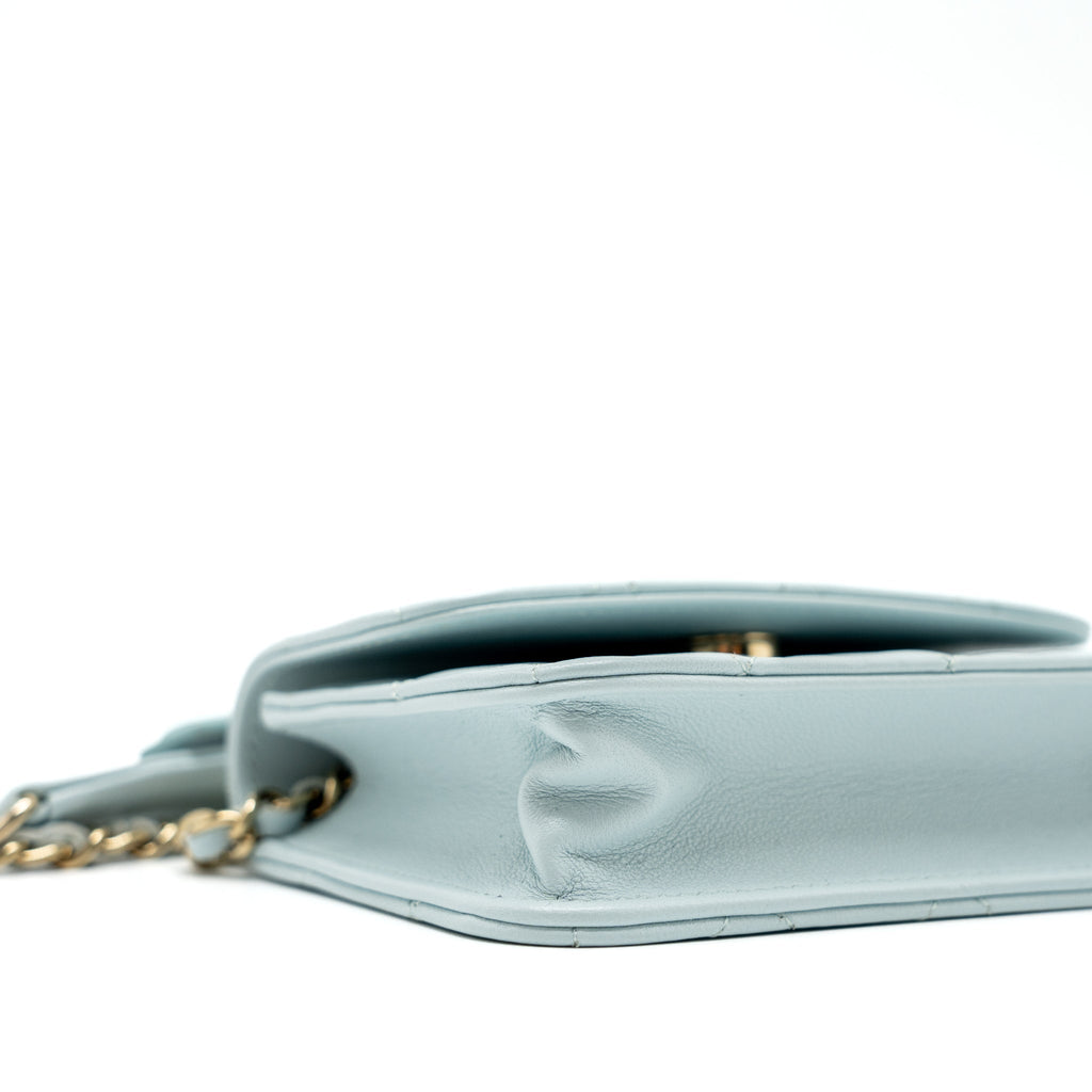 CHANEL MINI FLAP BAG RIBBON CHAINS LAMBSKIN LIGHT BLUE LGHW