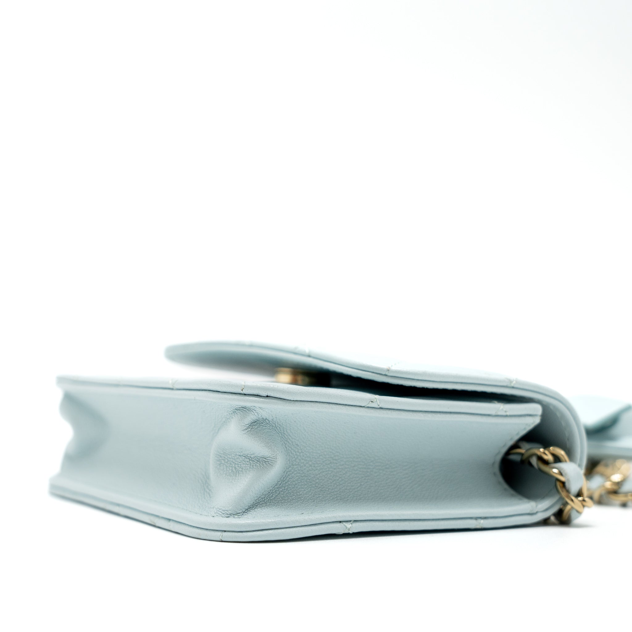 CHANEL MINI FLAP BAG RIBBON CHAINS LAMBSKIN LIGHT BLUE LGHW