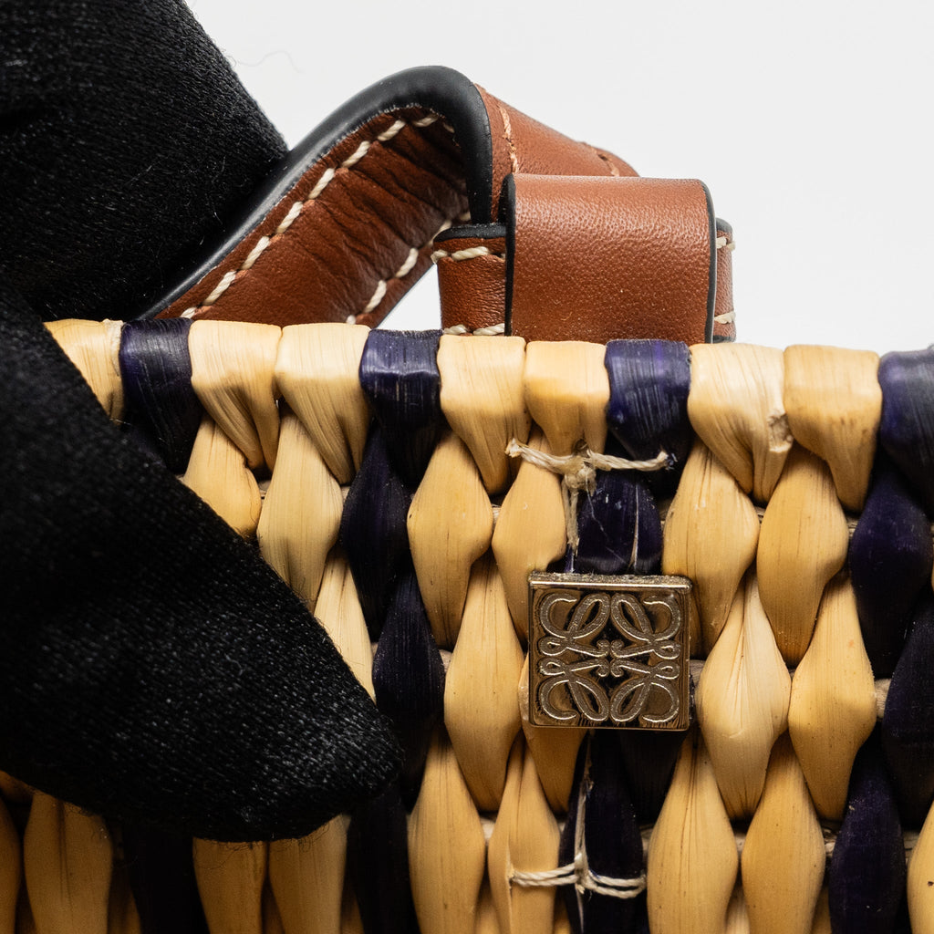 LOEWE PAULA'S IBIZA ANAGRAM BASKET BAG BROWN/MULTICOLOUR RAFFIA/LEATHER