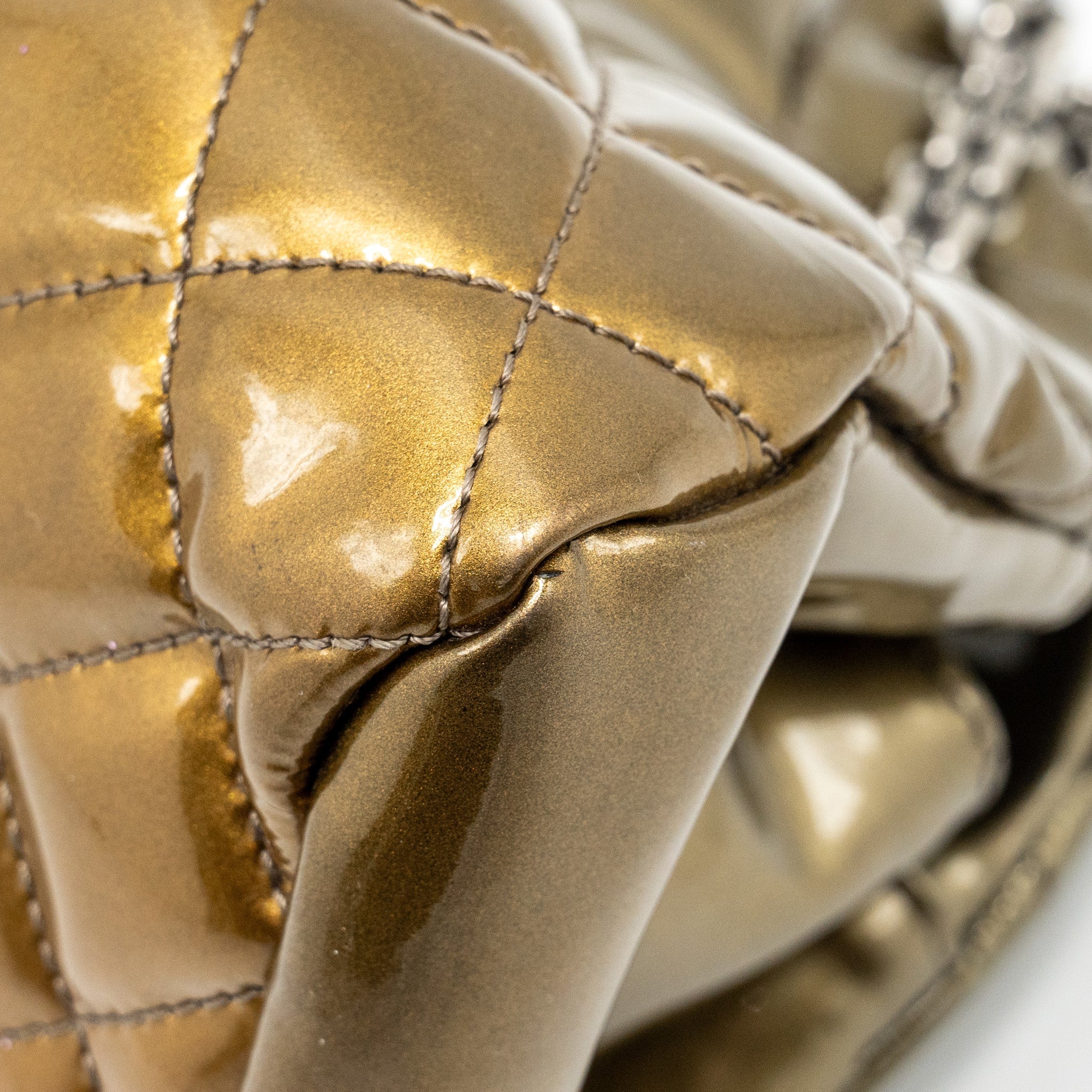 CHANEL JUST MADEMOISELLE BOWLING BAG PATENT METALLIC GOLD / SILVER SHW