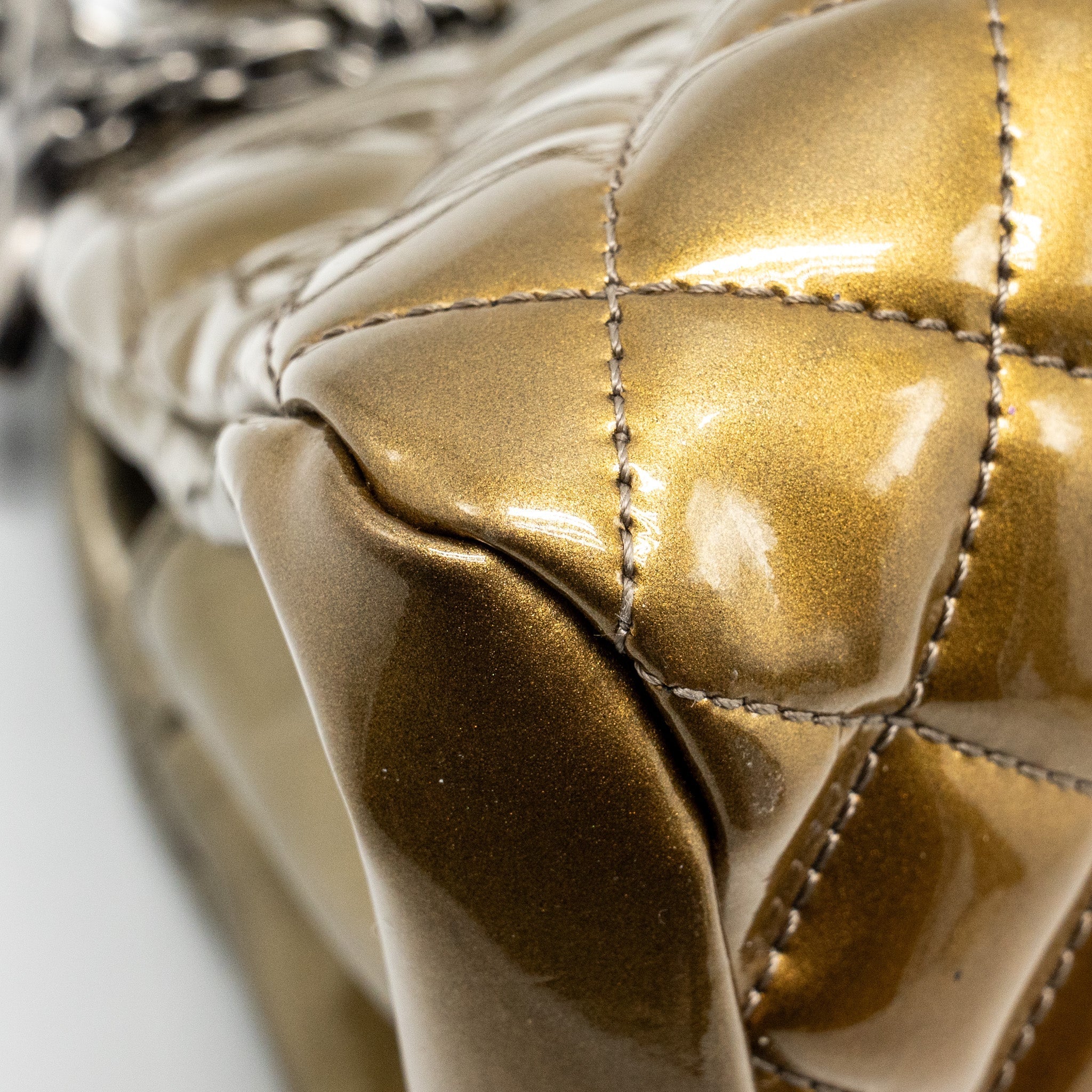 CHANEL JUST MADEMOISELLE BOWLING BAG PATENT METALLIC GOLD / SILVER SHW