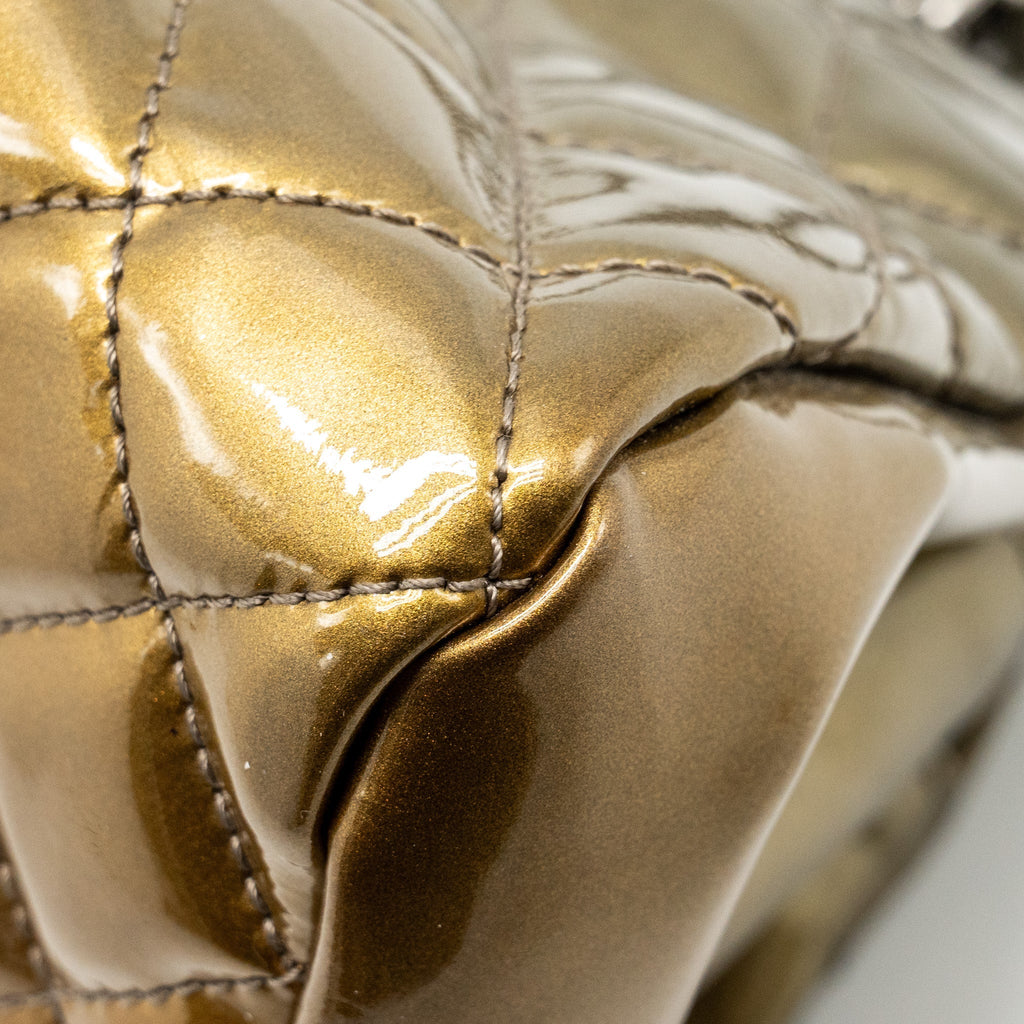 CHANEL JUST MADEMOISELLE BOWLING BAG PATENT METALLIC GOLD / SILVER SHW