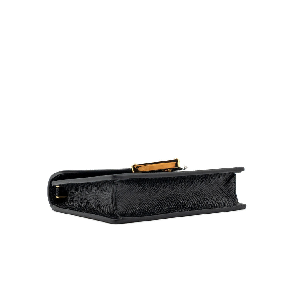 PRADA CARD HOLDER WITH SHOULDER STRAP SAFFIANO LEATHER BLACK GHW
