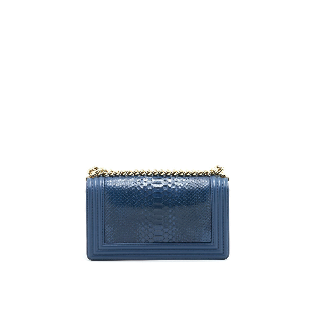 CHANEL MEDIUM BOY FLAP BAG PYTHON LEATHER BLUE LGHW