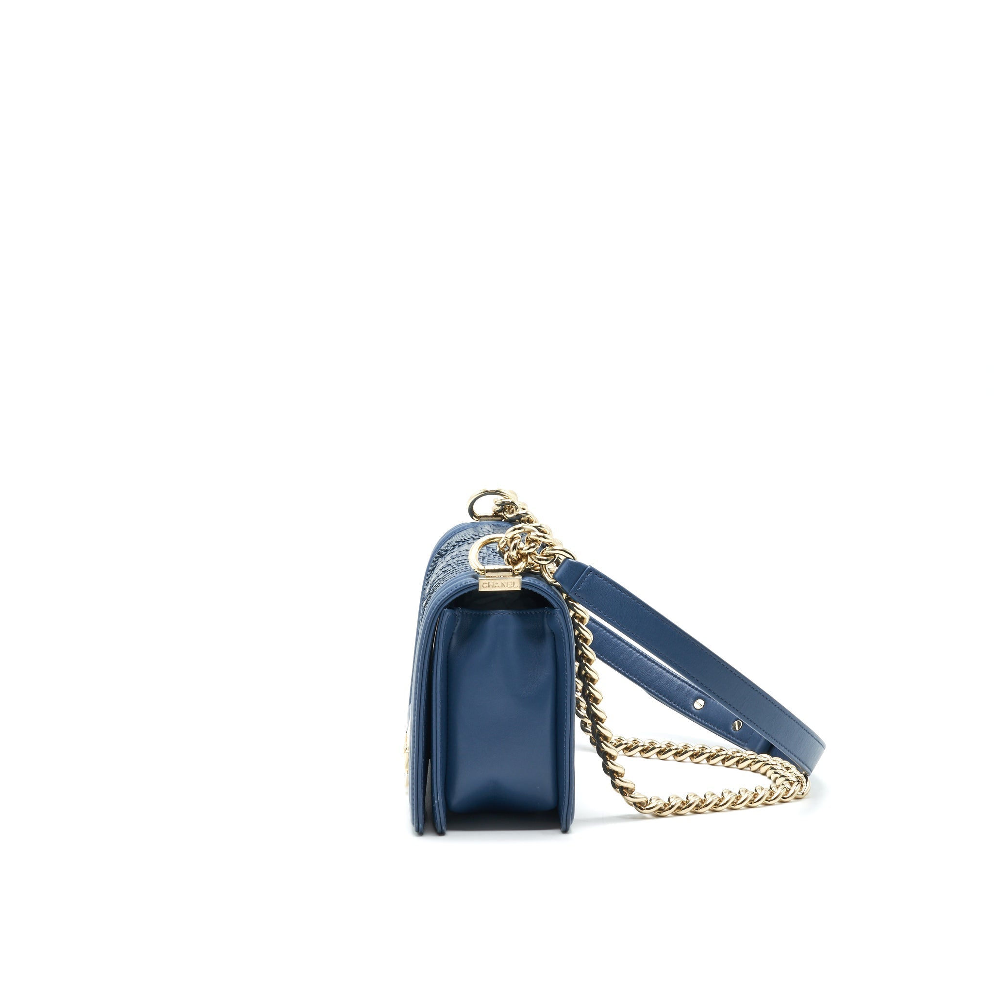 CHANEL MEDIUM BOY FLAP BAG PYTHON LEATHER BLUE LGHW