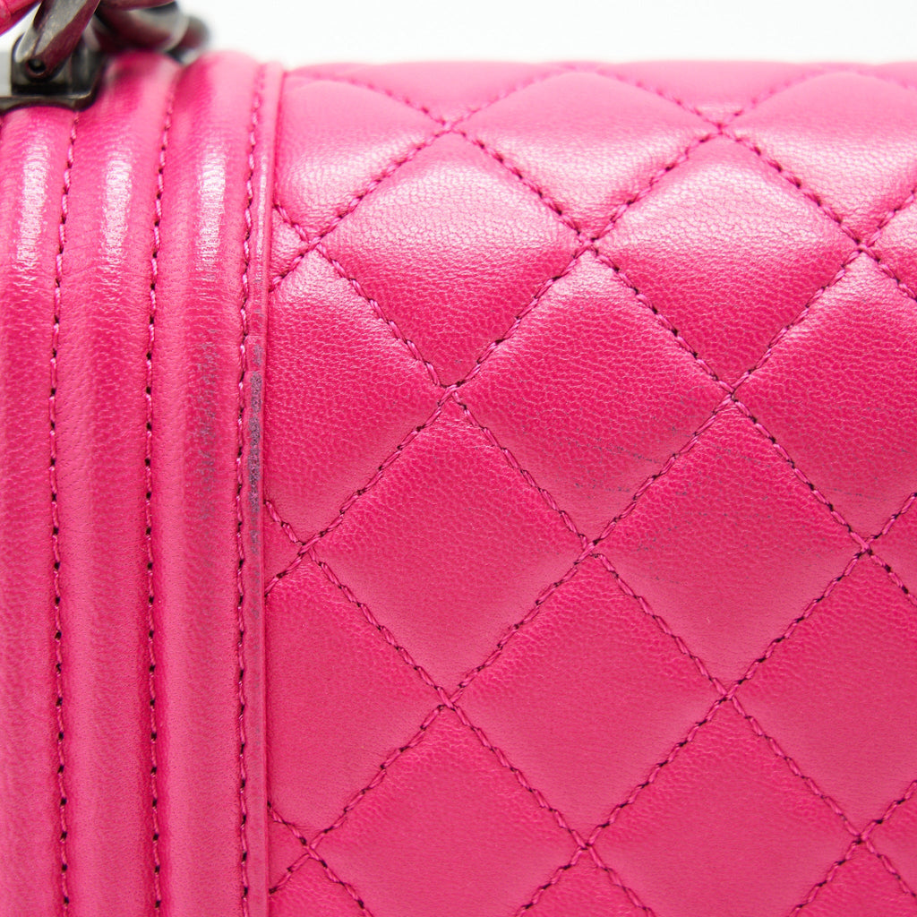 CHANEL SMALL BOY BAG LAMBSKIN RUTHENIUM HARDWARE HOT PINK